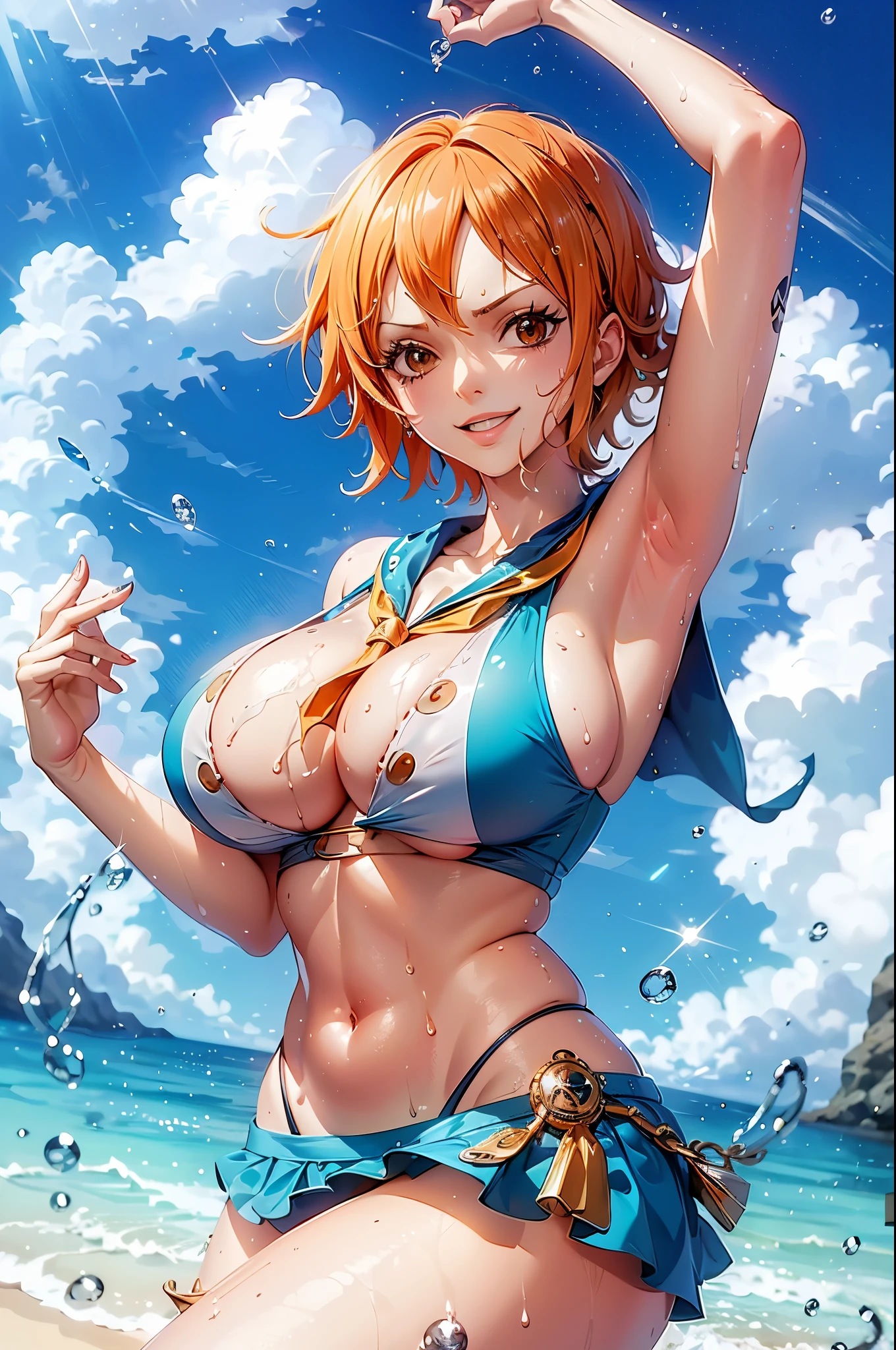 Generate Nami from One Piece anime with gigantic boobs short hair and wearing sexy sailor outfit, hand behind, hyperdetail, 8k, raw image, raytracing, rtx 4090, masterpiece, wet body, lens glare, sharp eye