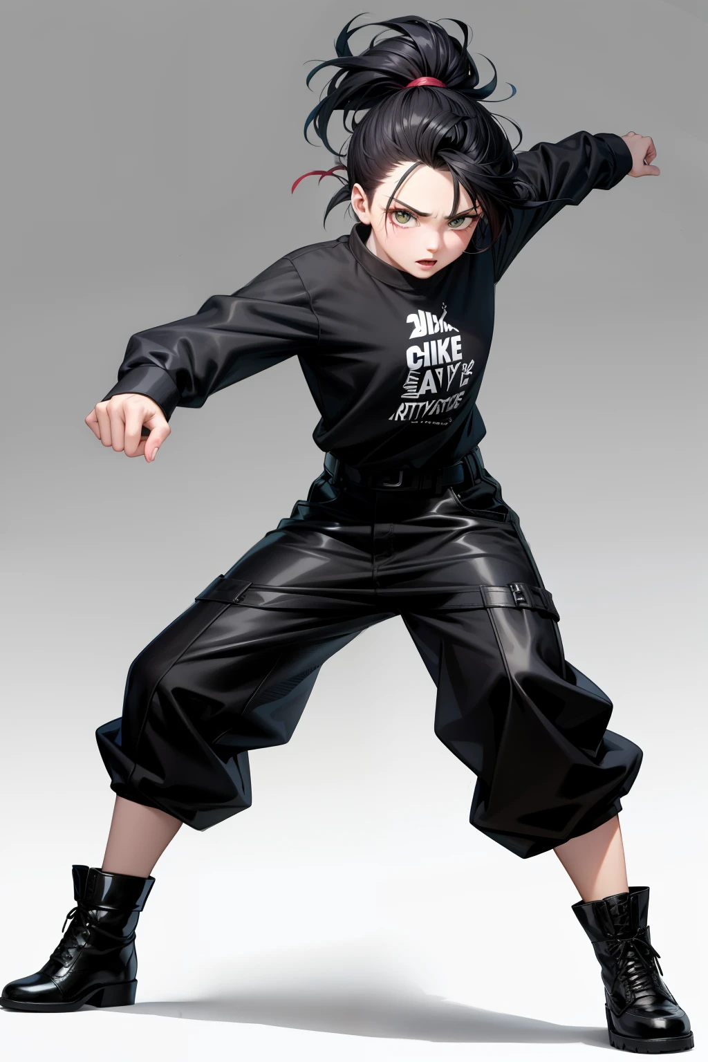 cute girl, hair up like a rooster, Wearing black clothes, fighting stance, full body, Black hair
