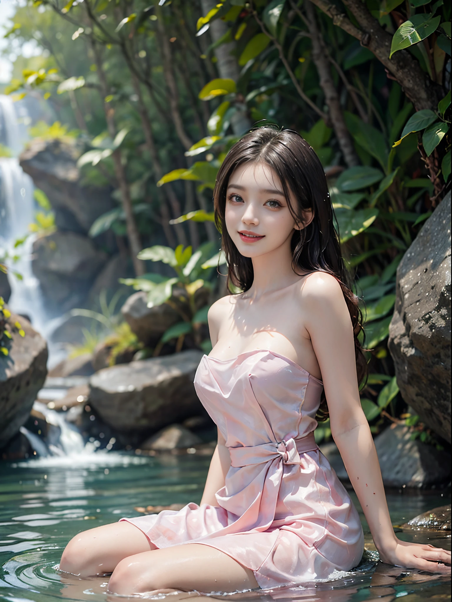 (best quality, ultra-detailed, realistic:1.37), portraits, beautiful detailed eyes, beautiful detailed lips, extremely detailed eyes and face, long eyelashes, youthful female model, beside a river with rocks, sweet girl's attire, strapless dress, jewelry, under a waterfall, swimming in the river, wet clothes, wet hair, masterpiece, slender figure, long legs, playing in the water, smile, radiant smile