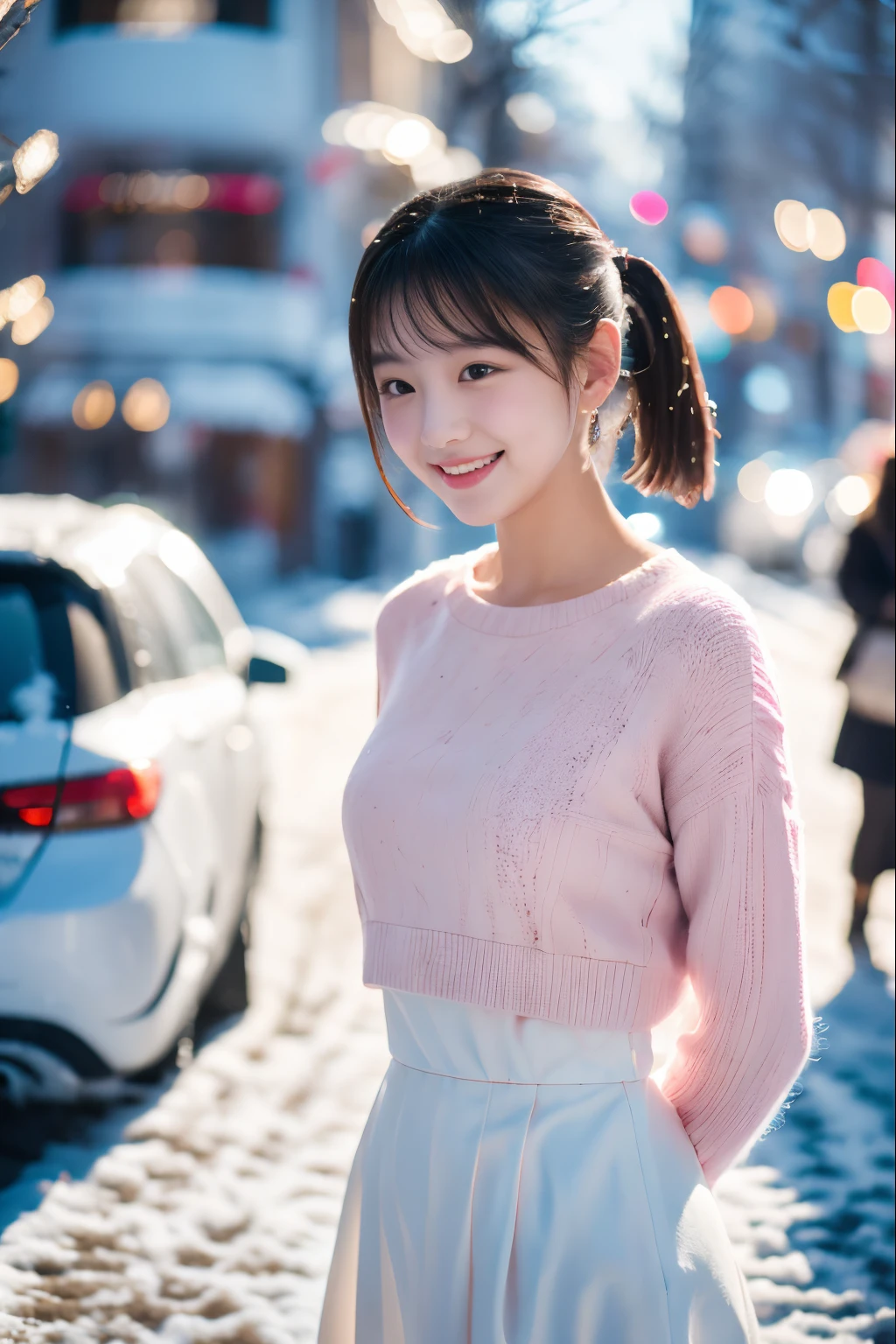 1 girl , short pony tail, light pink shirt,white long skirt , christmas, snowing, street view, sunljght/