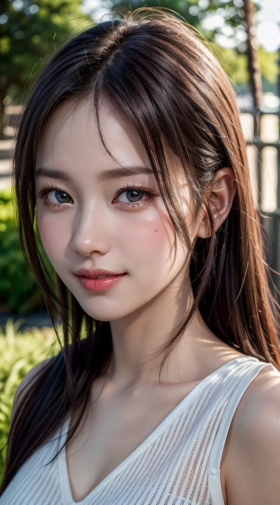 8K Super Resolution、Beauty、One Woman、Dark Brown Hair:1.1、Highly detailed face、Lips detail、important、(Eyes meet)、double eyelid、Princess Eyes、Beautiful Japanese Women、Beautiful Japanese Women、Sensual lips、Bewitching body、20th Generation、(21 years old)、far and near method、 Realistic Japanese women、Wearing a super realistically detailed stylish silk tank top and mini skirt、Hair blowing in the wind、I can see your chest、Crisp images、The delicate sparkle of the eyes、Ultra-realistic detailed park with river、リアルで詳細なBeautiful breasts、color々Hair style、Smiling with a nice smile、Beautiful breasts、