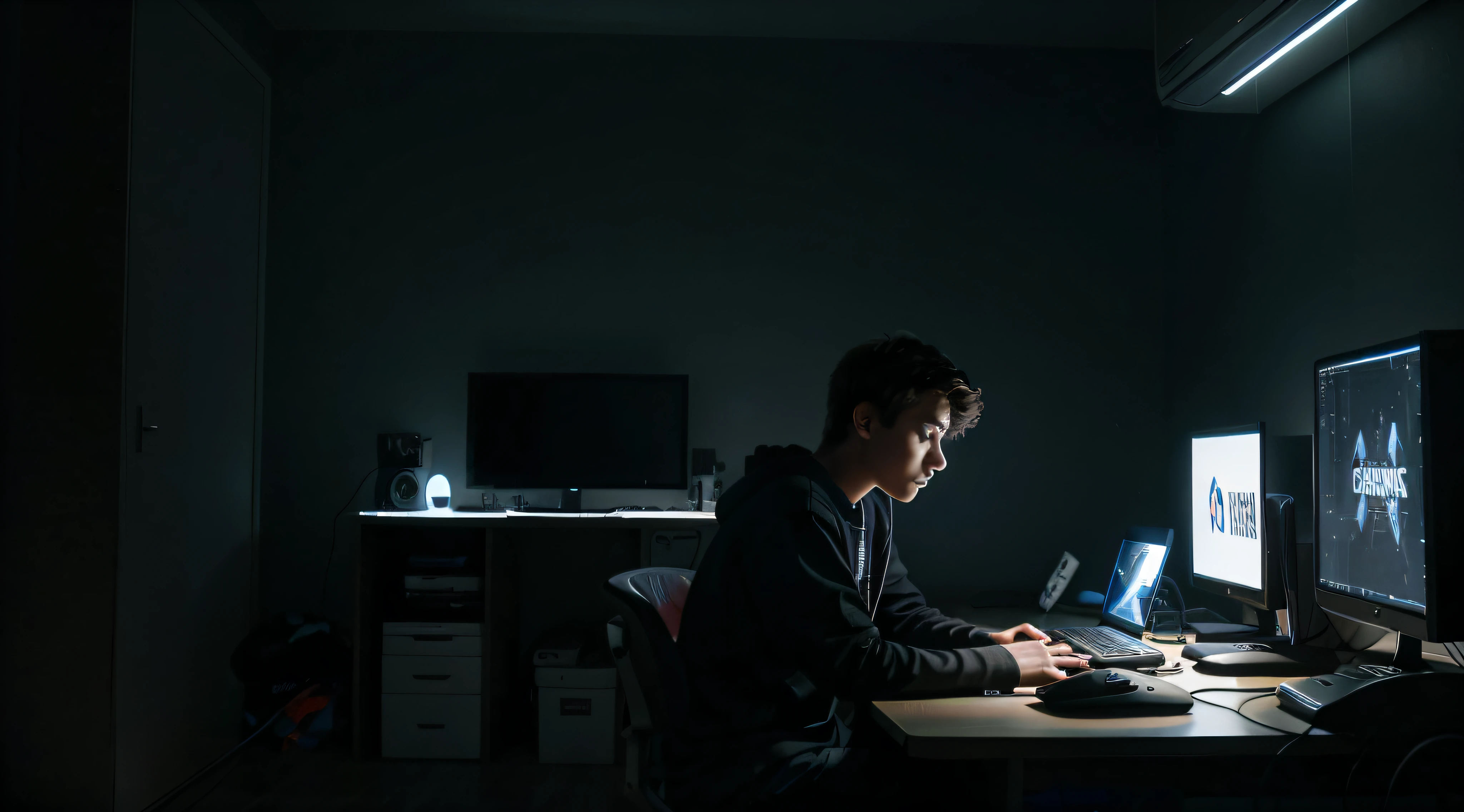 a boy is sitting in from of a gaming desktops, in a dark room, lights are coming only from desktop