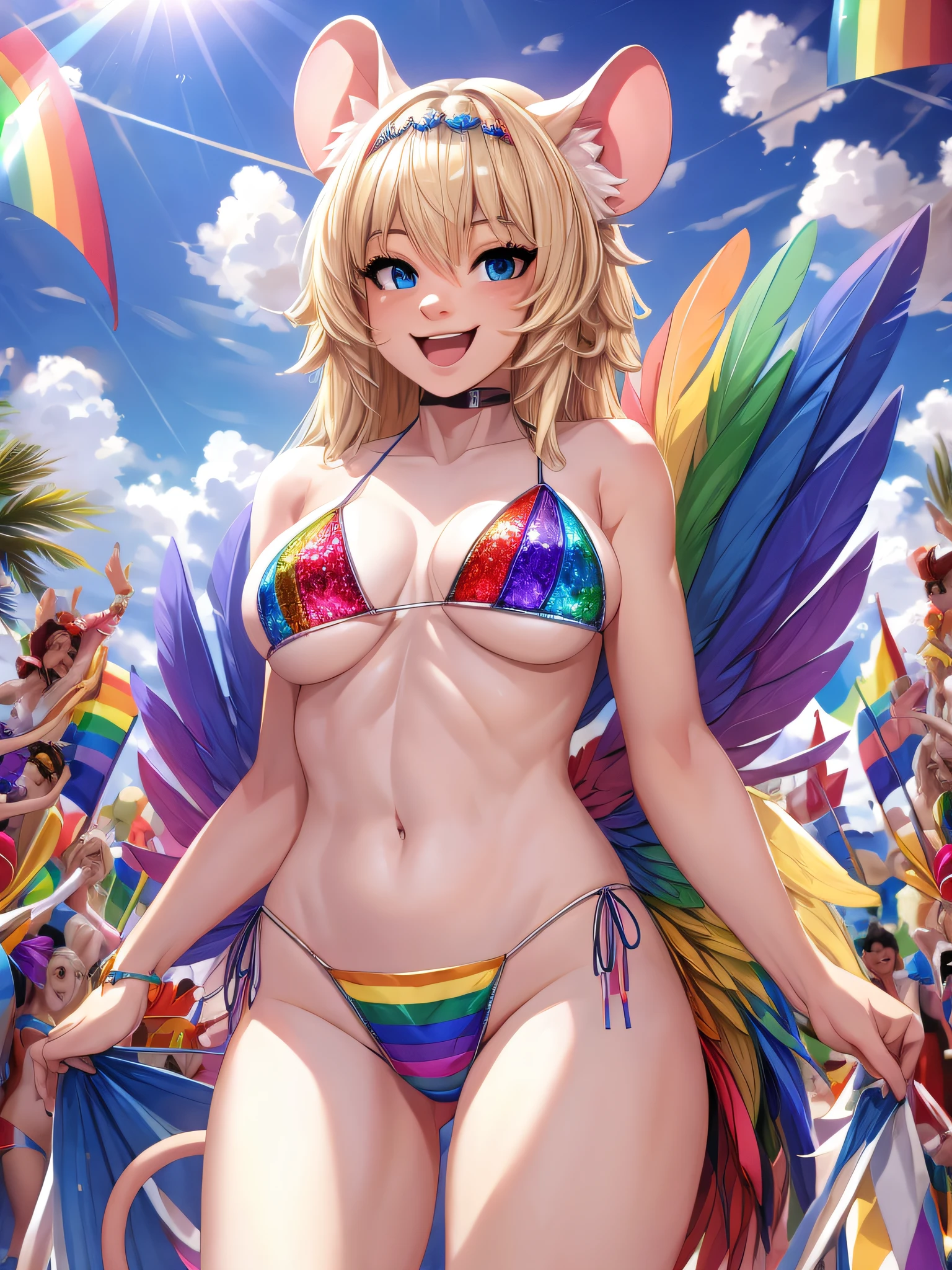 (Masterpiece) (High Detail) (High Res) A short blonde humanoid girl with pale skin and long blonde hair and blue eyes and fluffy mouse ears and a long thin mouse tail and average breasts is standing on a parade float in the middle of Carnival wearing a rainbow sequin bikini with lots of rainbow flags and rainbow confetti. She has a rainbow headdress on made of rainbow feathers. She looks happy.