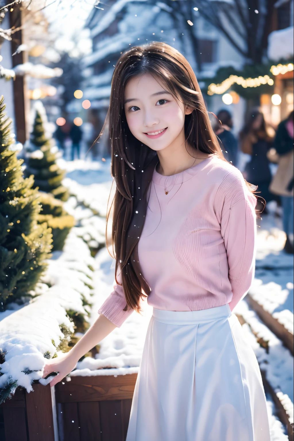 1 girl , long hair, light pink shirt, white long skirt , christmas, snowing, street view, sunlight.
