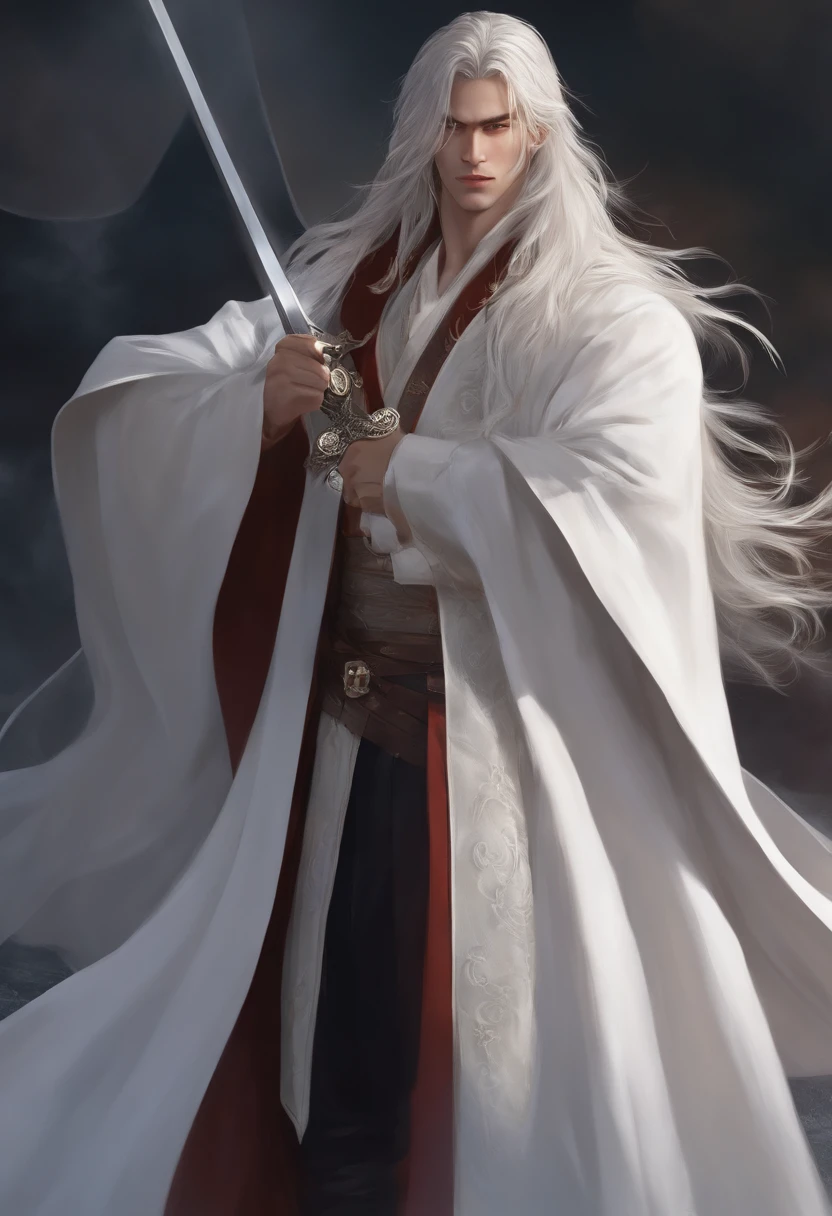 cool guy,long whitr hair,swordsman,shoun,Manteau blanc