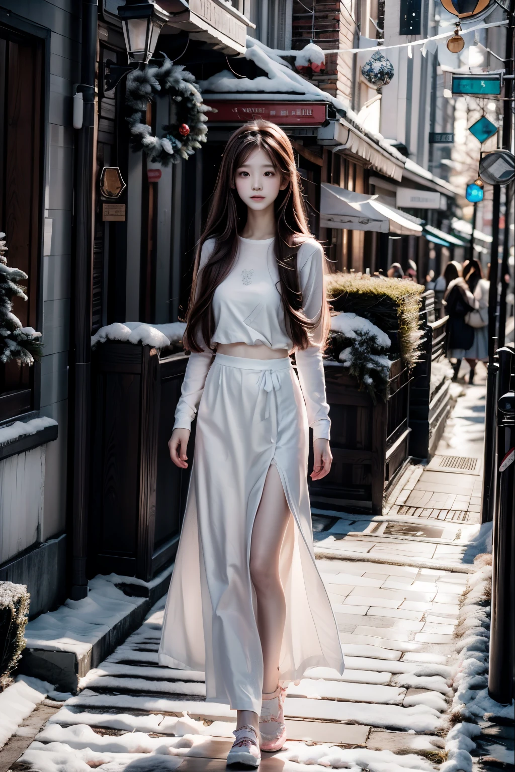 1 girl , long hair, light pink shirt, white long skirt , christmas, snowing, street view, sunlight.