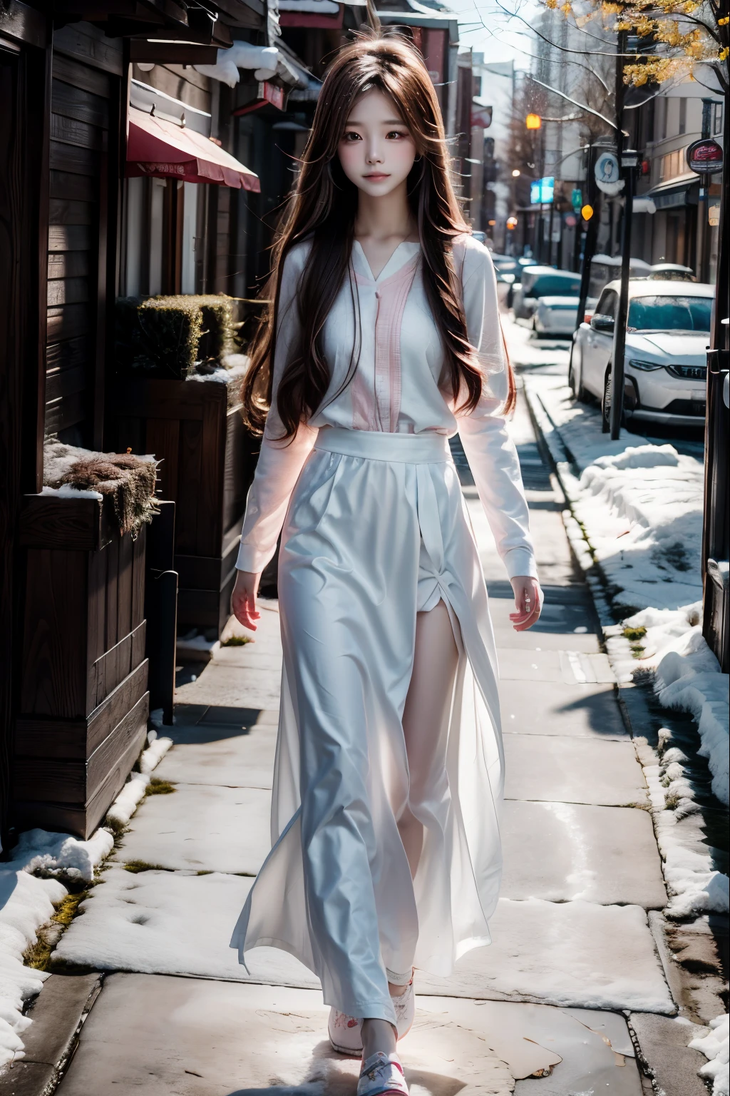 1 girl , long hair, light pink shirt, white long skirt , christmas, snowing, street view, sunlight.