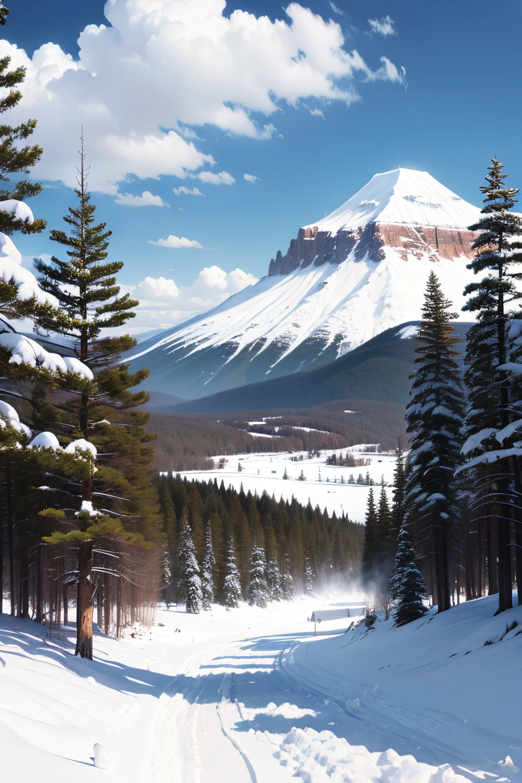 snow field，snow mountains，Oyuki，pines，Don&#39;t be distinctive，Japanese cartoon，Nikko Miyazaki，high high quality，A lot of detail，