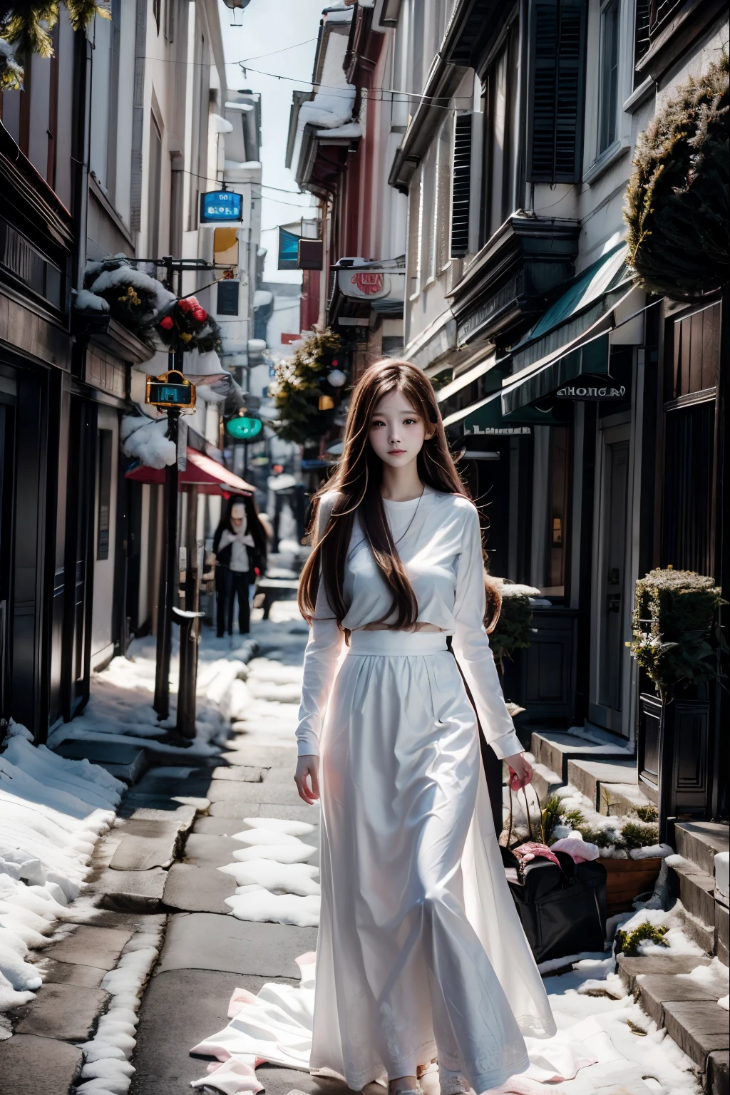 1 girl , long hair, light pink shirt, white long skirt , christmas, snowing, street view, sunlight.