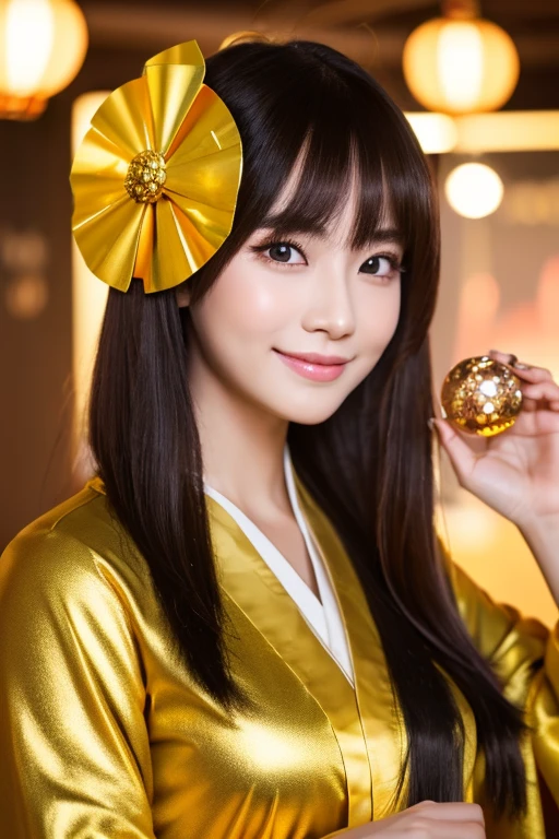 Close-up of a woman holding a tree branch in her hands, Digital art inspired by Jinnon, trending on cg society, Digital Art, japonisme 3 d 8 k ultra detailed, beautiful digital works of art, artwork in the style of guweiz, 3 d anime realistic, elegant japanese woman, realistic anime 3 d style, realistic digital art 4 k,gold background,Golden Luck,kimono,directly in front,Golden Luck,Mysterious,spiritual,masuter piece,masuter piece,masuter piece,The upper part of the body,japanes,21years old,a beauty girl,one girls,directly in front,facing front,A slight smil,smiling,Eyes are also smiling,