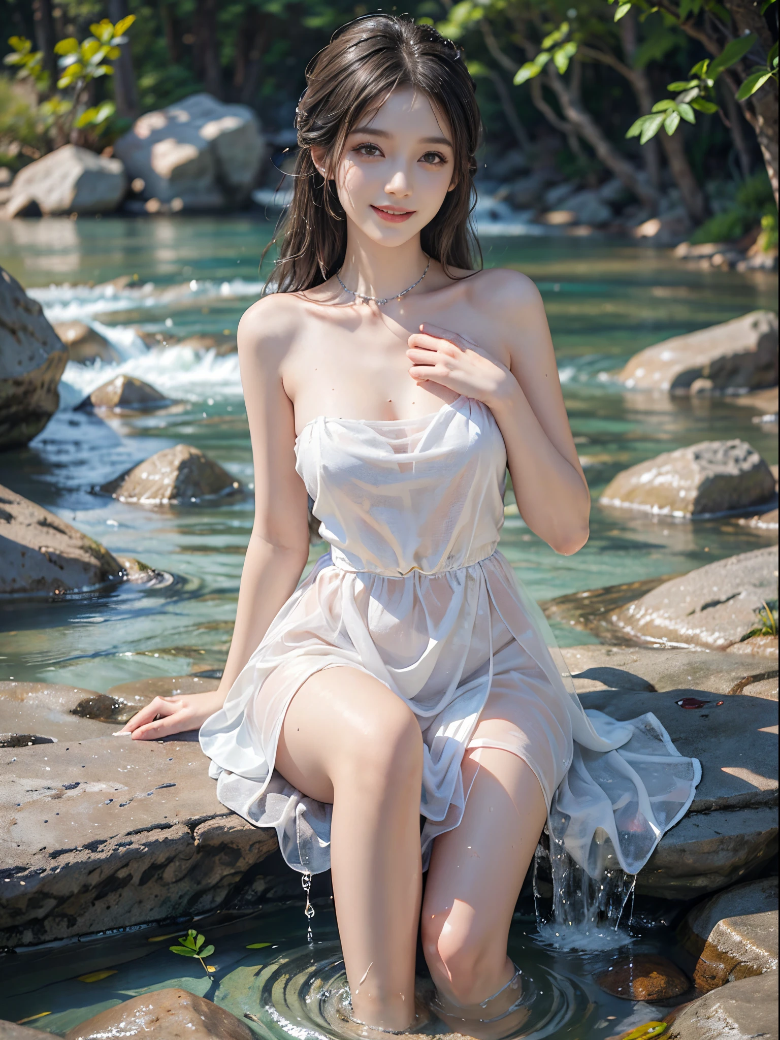 (best quality, ultra-detailed, realistic:1.37), portraits, beautiful detailed eyes, beautiful detailed lips, extremely detailed eyes and face, long eyelashes, youthful female model, beside a river with rocks, sweet girl's attire, strapless dress, jewelry, under a waterfall, swimming in the river, wet clothes, wet hair, masterpiece, slender figure, long legs, playing in the water, smile, radiant smile