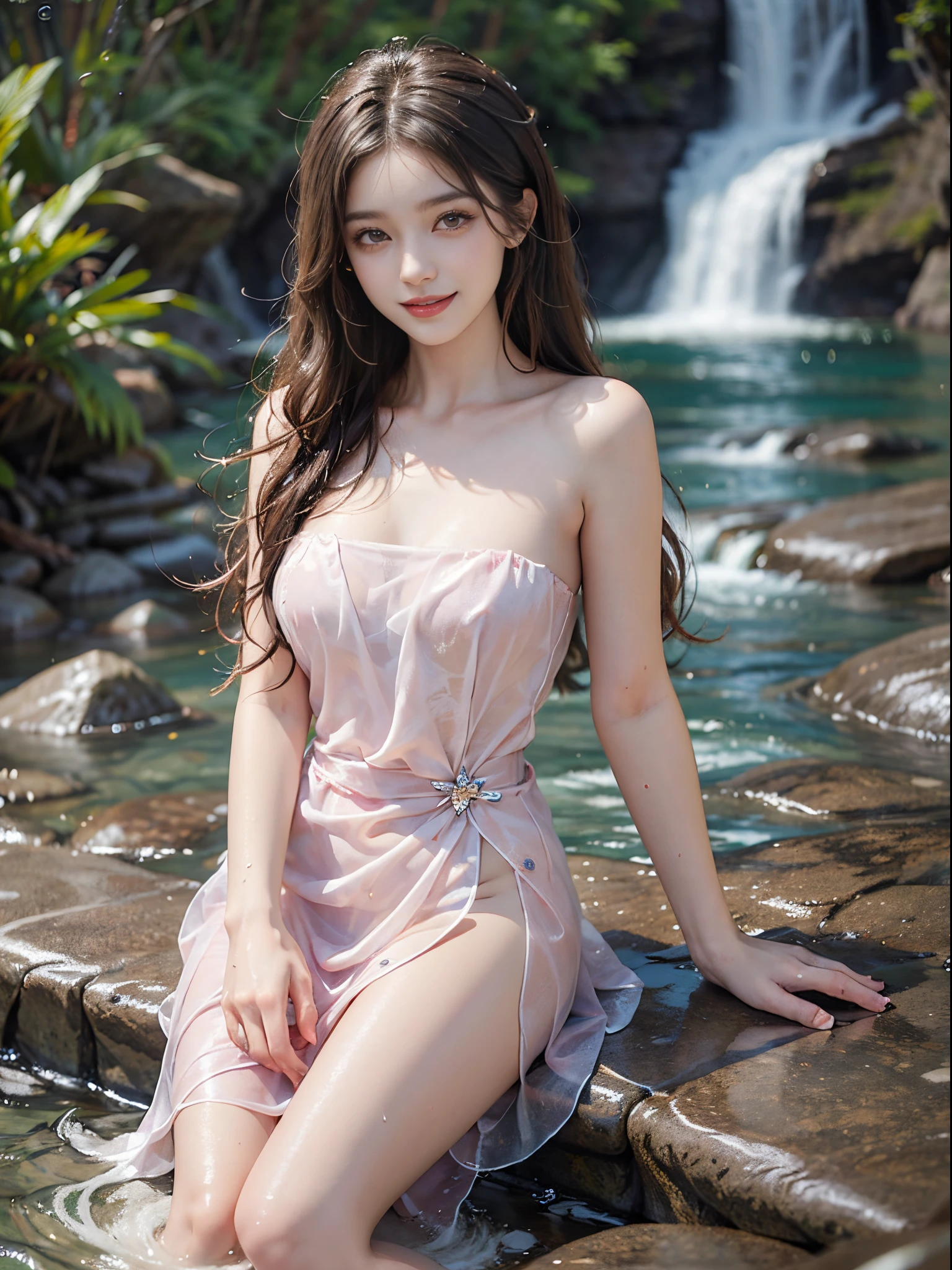 (best quality, ultra-detailed, realistic:1.37), portraits, beautiful detailed eyes, beautiful detailed lips, extremely detailed eyes and face, long eyelashes, youthful female model, beside a river with rocks, sweet girl's attire, strapless dress, jewelry, under a waterfall, swimming in the river, wet clothes, wet hair, masterpiece, slender figure, long legs, playing in the water, smile, radiant smile