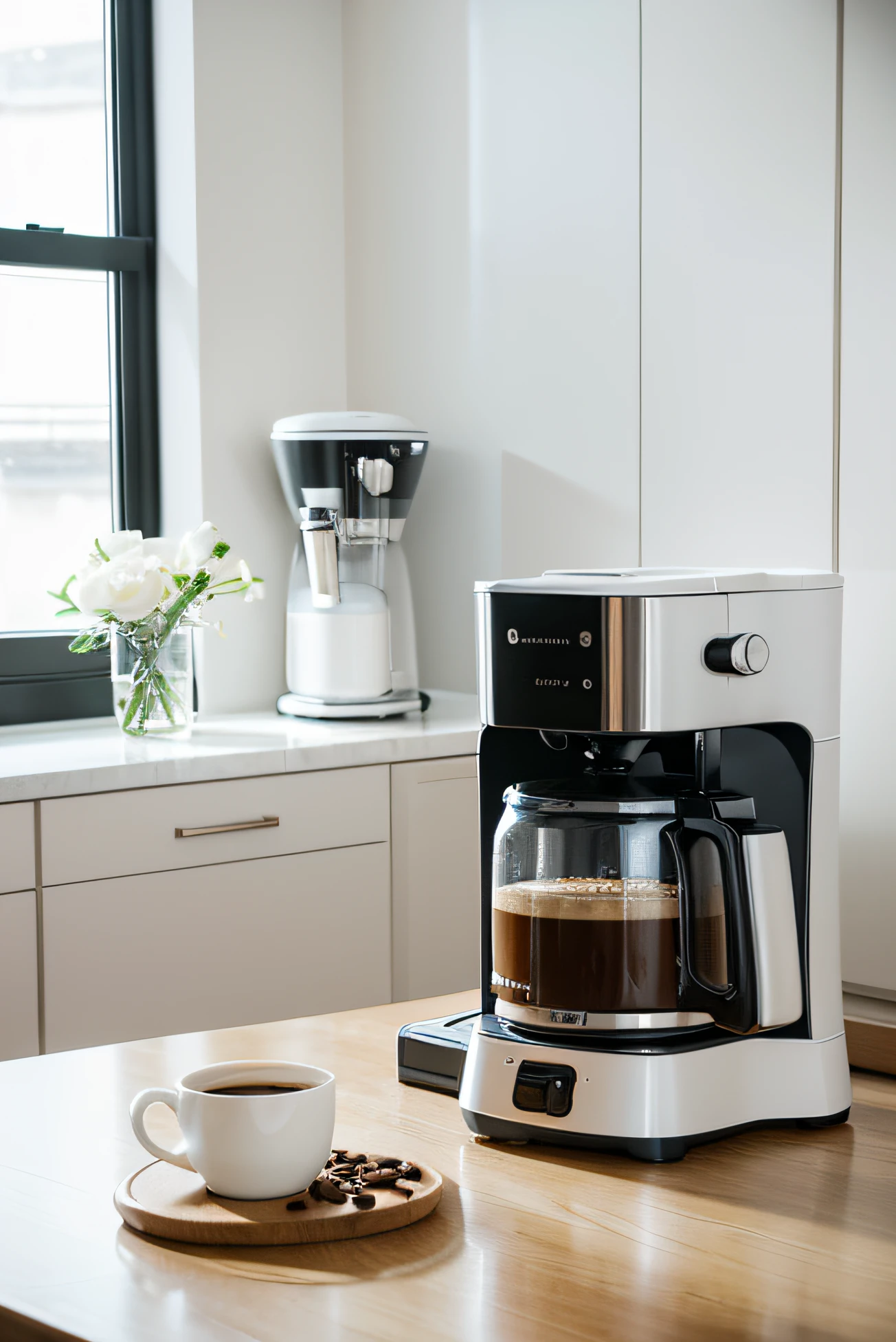 In a predominantly white kitchen,There is a white table in front,There is a white coffee machine on the table。A bouquet of bright flowers placed on the coffee machine,There are some cookies on the side。There is a cup of coffee on the right side of the coffee machine,oda'Croissants on the side。There are some scattered coffee beans randomly distributed in the picture.,Enhance the sense of space。
Good lighting,Focus sharp,The picture is delicate and delicate,Gives a sense of reality and photorealism。This scene gives people a sense of tranquility、Comfortable and elegant feel,Full of exquisite details and quality。