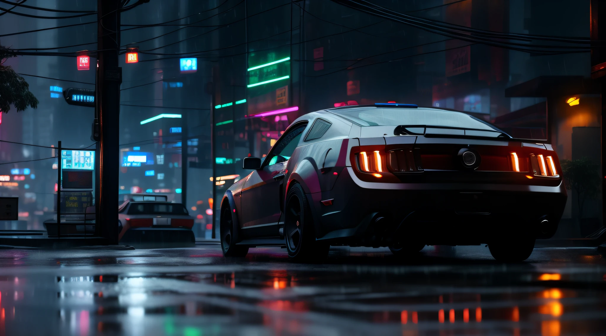 Mustang car driving on the street in the rain at night, Surreal cyberpunk style, cyberpunk night street, beautiful cinematic light, cyberpunk streets at night, Red and movie lighting, cyberpunk street, cyber punk style , hyper realisitc, and Mumford. 8k 辛烷值渲染, and Mumford. Octagon rendering, Rainy cyberpunk city, Highly realistic concept art, Cyberpunk Street at Night