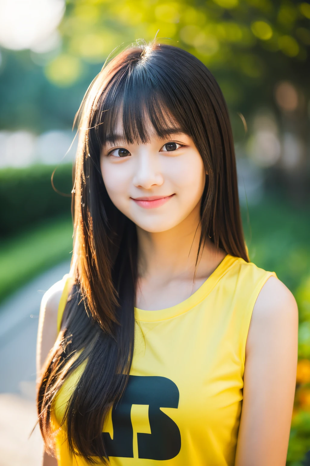 1 girl, 17 yo, soft smile, selfie, black long hair,bokeh, pure yellow T-shirt