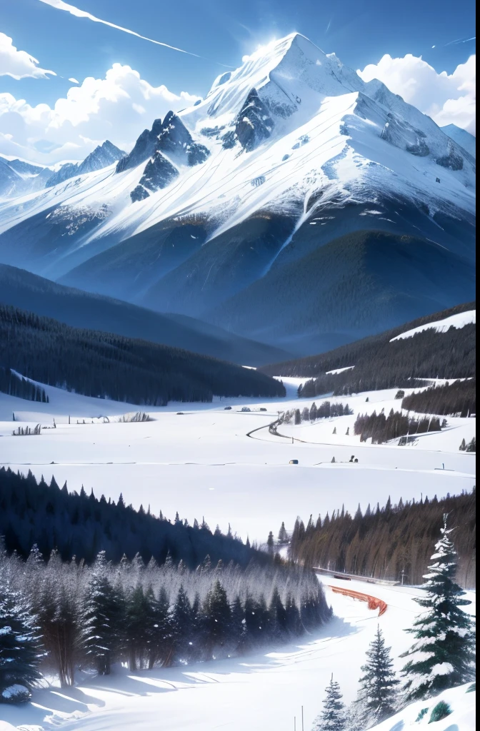 snowfield,snow mountains,Oyuki,pines,Don't be characterized,anime,hiyao miyazaki,high qulity,Lots of detail,