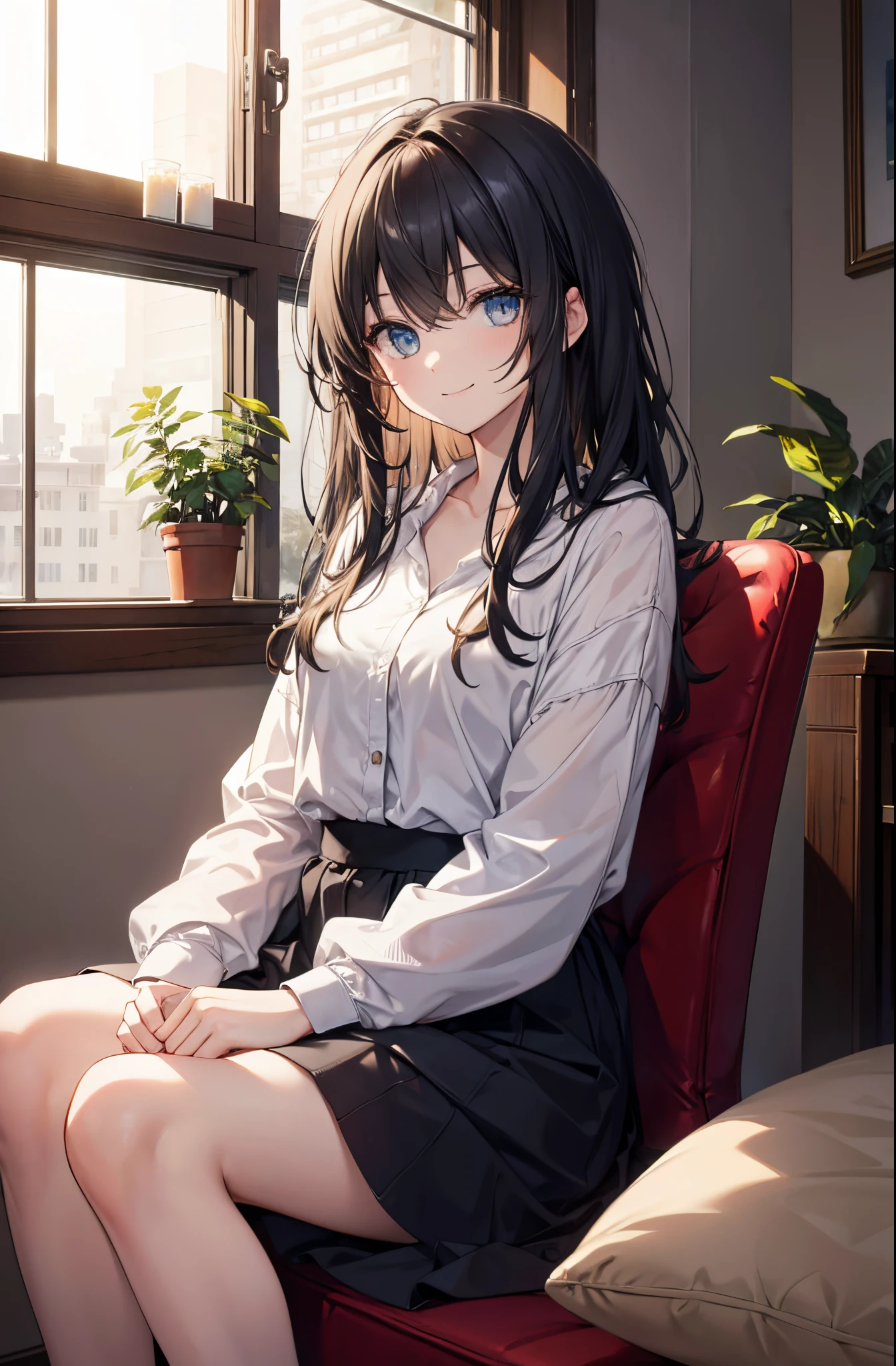 hair messy, Eyes without light, Smiling, indoor setting, Sitting down.