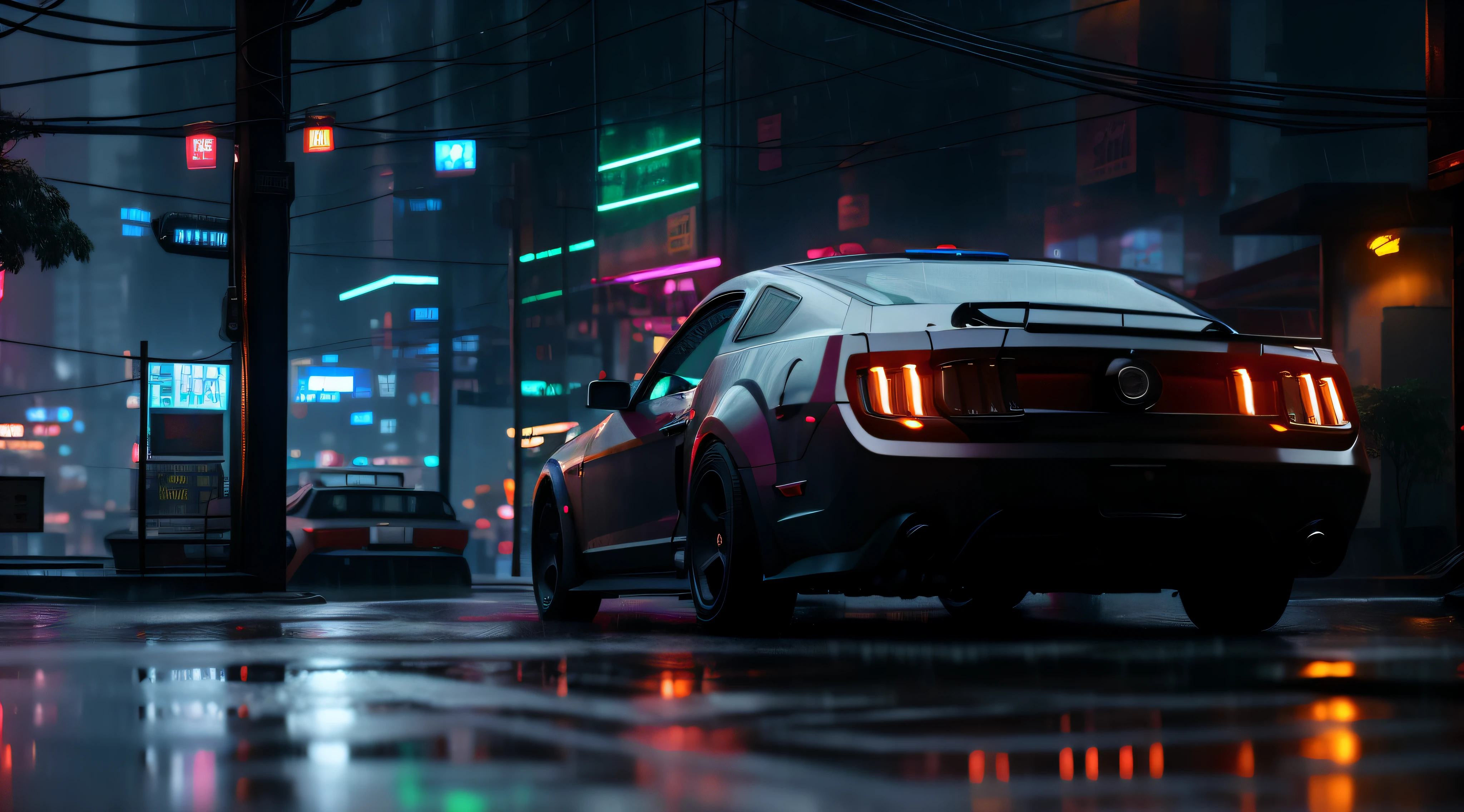 Mustang car driving on the street in the rain at night, Surreal cyberpunk style, cyberpunk night street, beautiful cinematic light, cyberpunk streets at night, Red and movie lighting, cyberpunk street, cyber punk style , hyper realisitc, and Mumford. 8k 辛烷值渲染, and Mumford. Octagon rendering, Rainy cyberpunk city, Highly realistic concept art, Cyberpunk Street at Night