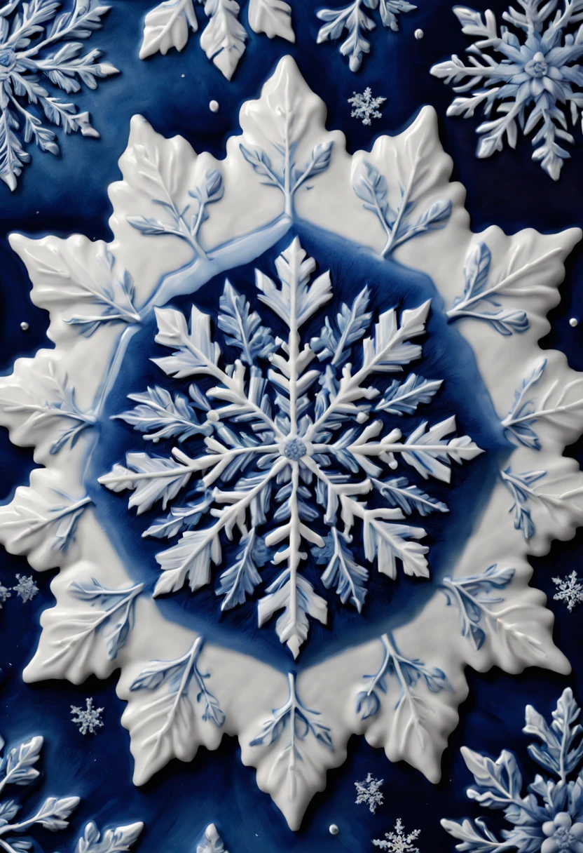 best quality,4k,8k,highres,masterpiece:1.2,ultra-detailed,realistic:1.37,portrait,exquisite snowflake patterns,blue and white porcelain, close-up, delicate and intricate details, traditional craftmanship, vibrant colors, shining glaze, fine brush strokes, refined artistry, lustrous finish, studio lighting
