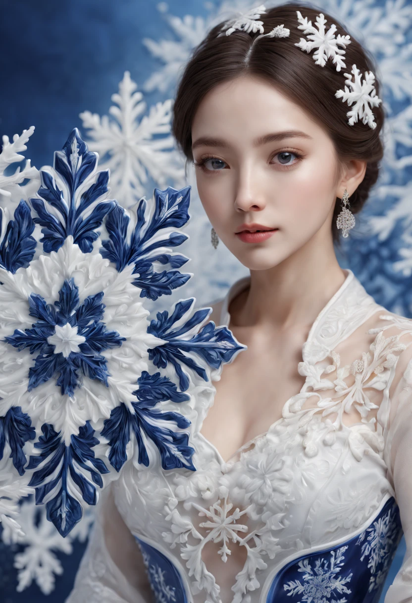 best quality,4k,8k,highres,masterpiece:1.2,ultra-detailed,realistic:1.37,portrait,exquisite snowflake patterns,blue and white porcelain, close-up, delicate and intricate details, traditional craftmanship, vibrant colors, shining glaze, fine brush strokes, refined artistry, lustrous finish, studio lighting