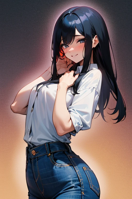 Young adult female; jet black hair with blue fringes; very pretty; toned, slender physique; loves the viewer a lot but is shy to confess her feelings; wearing jeans and a fitted blouse; shy look; adorable smile; sharing a passionate kiss with the viewer; fluttering heart; wholesome; surreal
