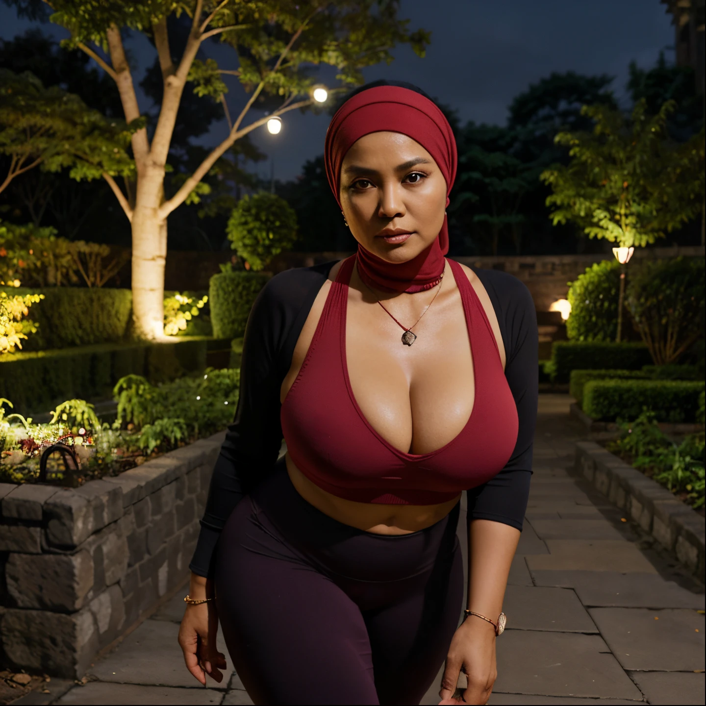 55 Years old, Indonesian mature woman, wearing Wide Hijab, perfect curvy body, natural  : 48.9, gorgeous eyes, Soft smile, wear a red Sport bra and a tight Legging, necklace, hairband, Nightime walk, City garden, Excellent lighting, Dark colors, Clean lines.