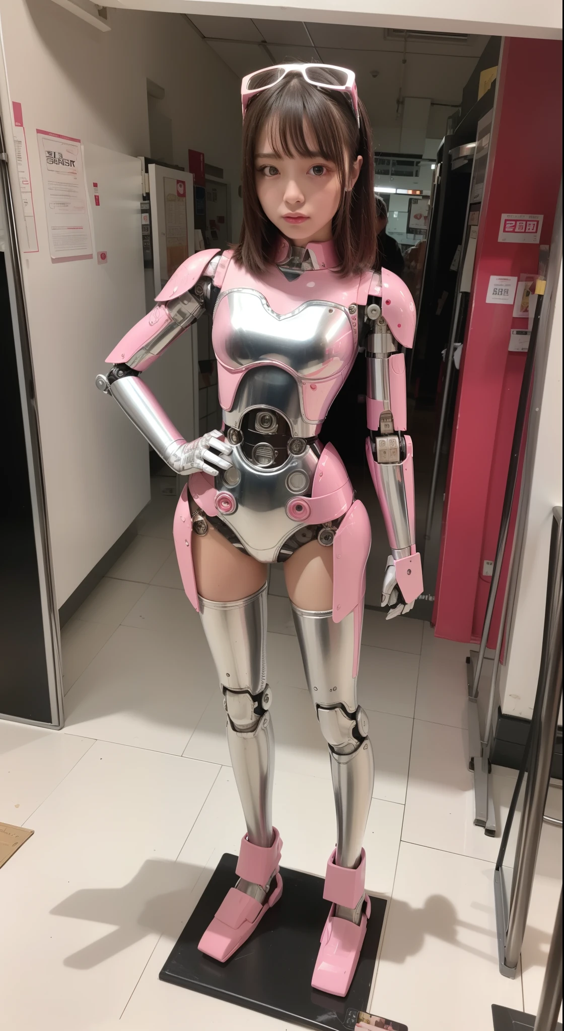 Robot Girl, pink there, Silver, Metallic body, Robot Parts, Metal Parts, Super Detailed Face, Super well-formed face, of the highest quality, a small face, small head, Brown hair, Slender body, Camera gaze, Internal Mechanical Exposure, Idol, front facing, Well-proportioned body, sale, Exhibited, Event Hall, Moe Pose, pink metallic princess dress machine armor, Standing with legs open, Model body type, sad, Embarrassing,(Perfect Robot Girl),(Perfect machine body)