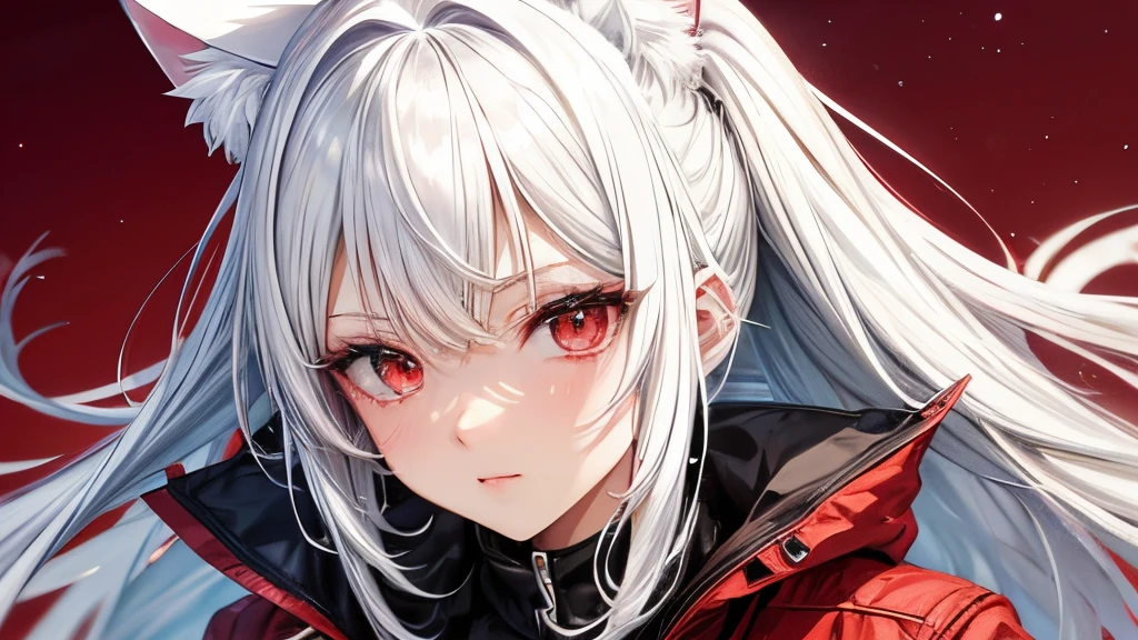 beautiful anime girl with white hair and red eyes, cat ears