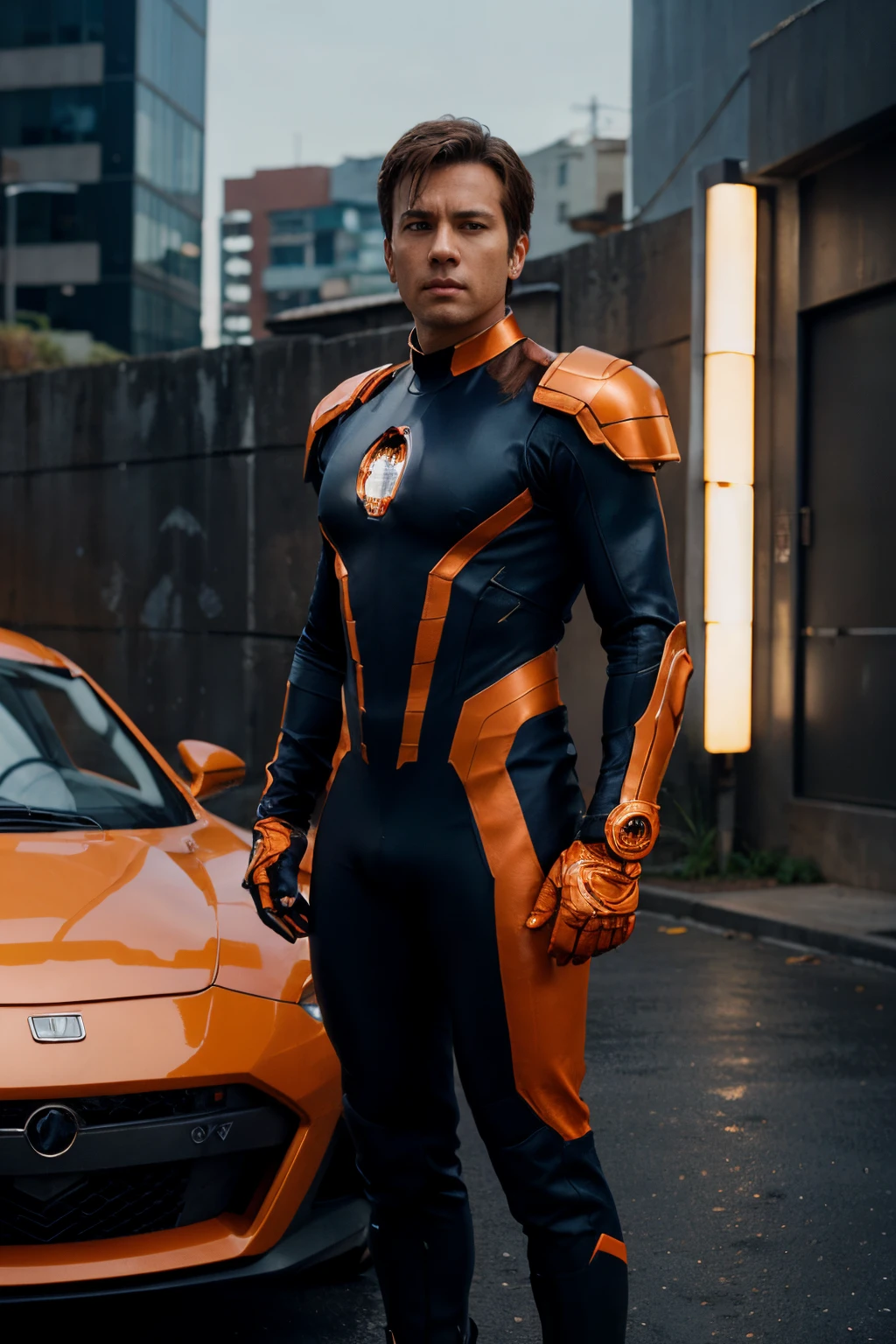 concept-art, Photorealistic, perfect head, Detailed face, Full body, metal suit, Male, Marvel-style character, Brown hair, Brown eyes, black skin, orange-navy blue tight suit, shoulder protections, blue chest and, orange gloves and boots, medallion with blue gem, futuristic asian city background, 8K, hdr, Sharp, Detailed, side view, day light, bright, outdoor