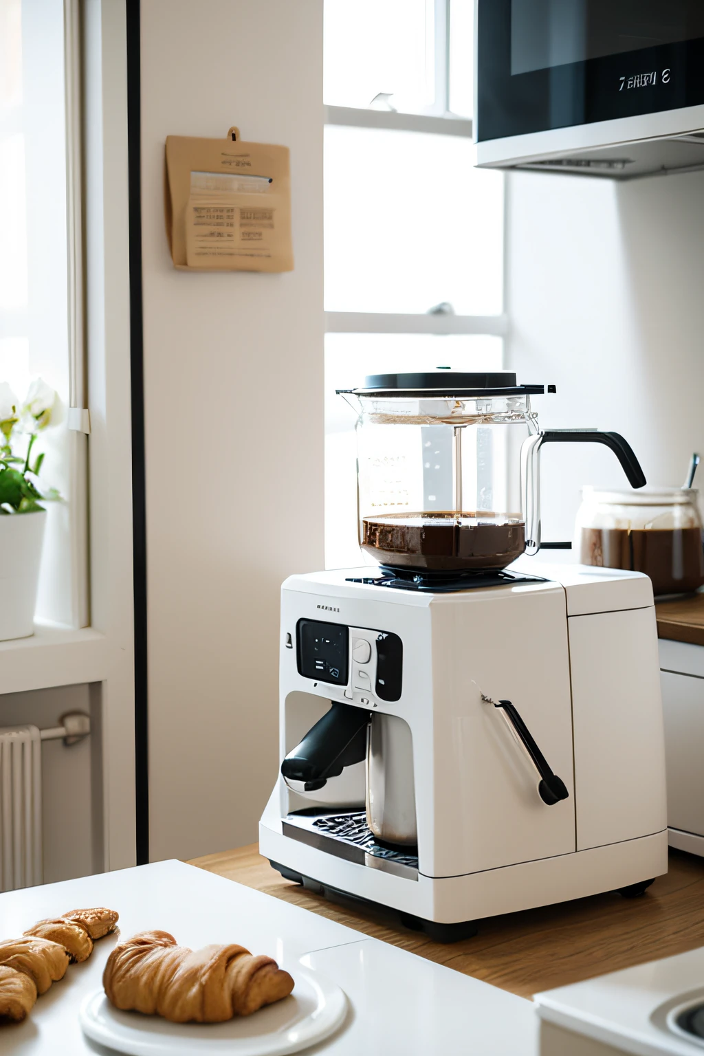 The kitchen scene is mainly white/white table in front/White coffee machine on the table/Focus on the coffee machine with flowers on the left/Several small cookie machines,There is a cup of coffee on the right/A croissant/some scattered coffee beans/Strong sense of space/lock focus/Good lighting/True wind/photo-realism/The picture is delicate and delicate/8K