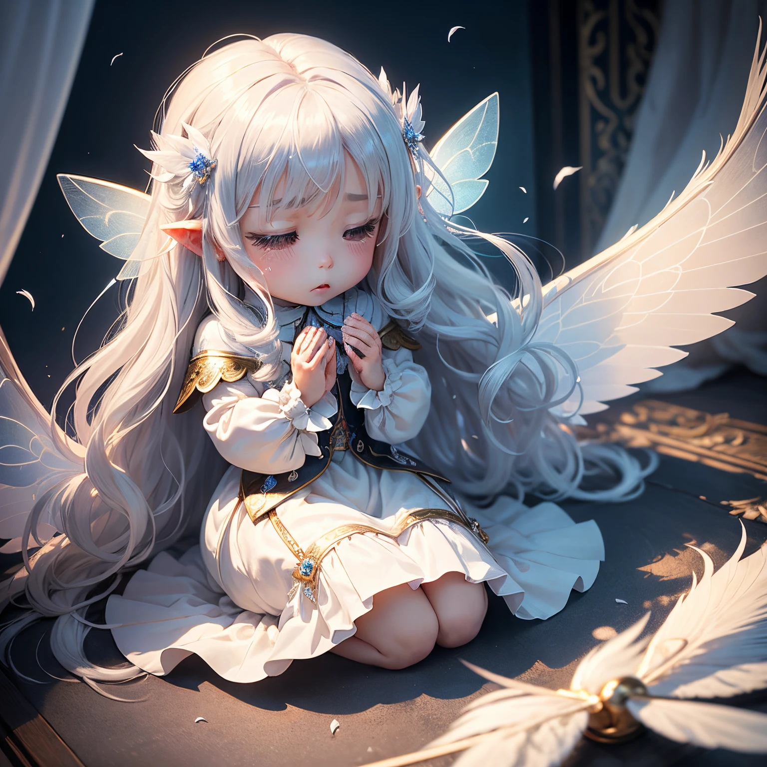 ​masterpiece、top-quality、ultra-detailliert、(Chibi Chara Fairy:1.2)、long, Wavy white hair swaying in the wind、Iridescent feathers、Prayer Hands、closing eye、shed tears、Kneeling、A ray of light、Dark background