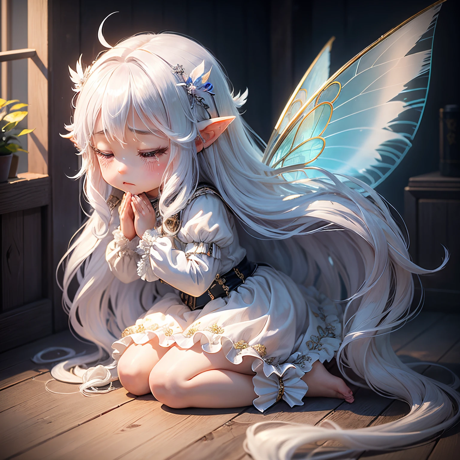 masterpiece、top-quality、ultra-detailliert、(Chibi Chara Fairy:1.2)、long, Wavy white hair swaying in the wind、Iridescent feathers、Prayer Hands、closing eye、shed tears、Kneeling、A ray of light、Dark background