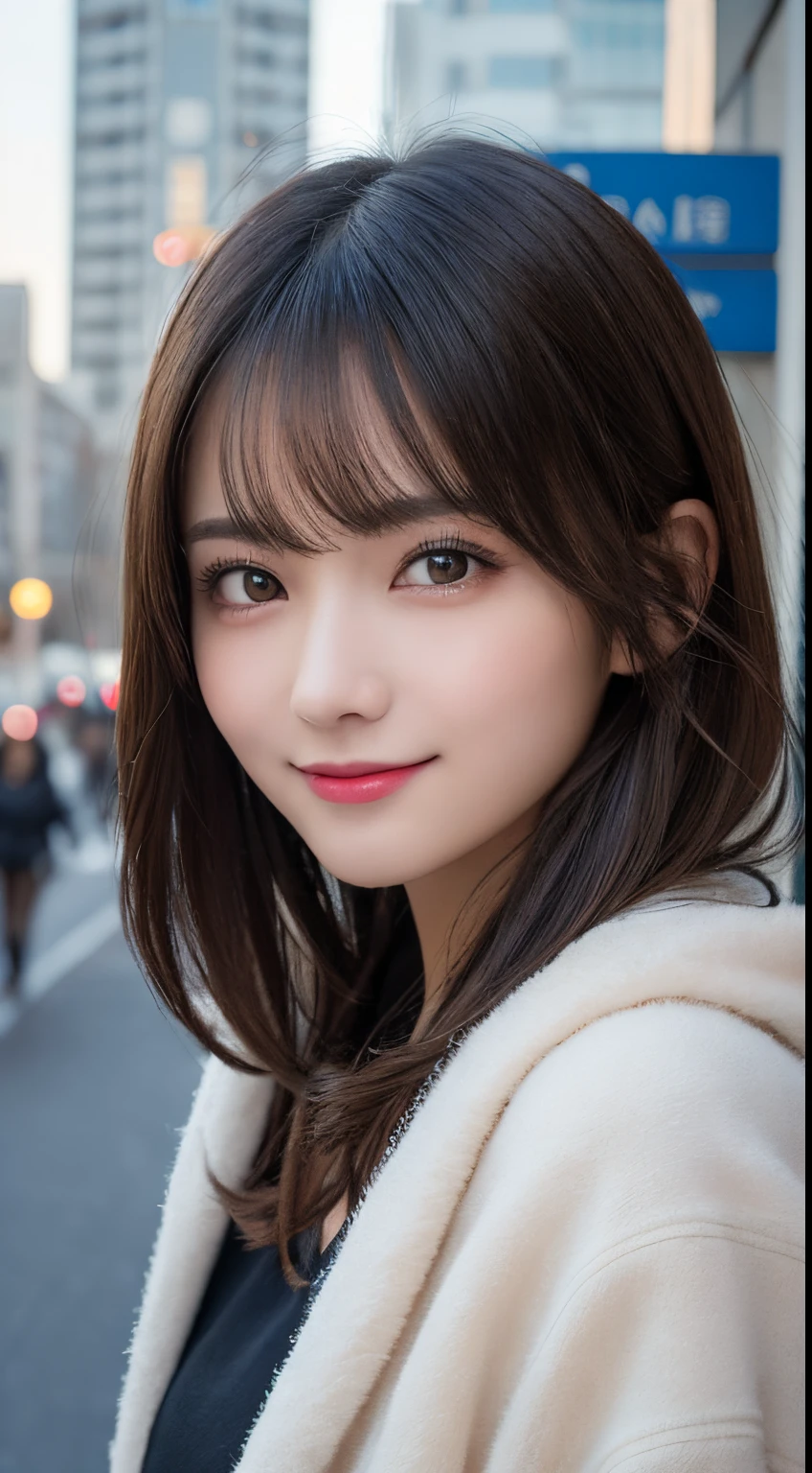 masutepiece, Best Quality, Illustration, Ultra-detailed, finely detail, hight resolution, 8K Wallpaper, Perfect dynamic composition, Beautiful detailed eyes, Winter clothes,Medium Hair,Small breasts natural color lip, Bold sexy poses,Smile,Sexy backgrounds、20 years girl、Cute、Sexy shot looking at camera blur background,wear a long black coat