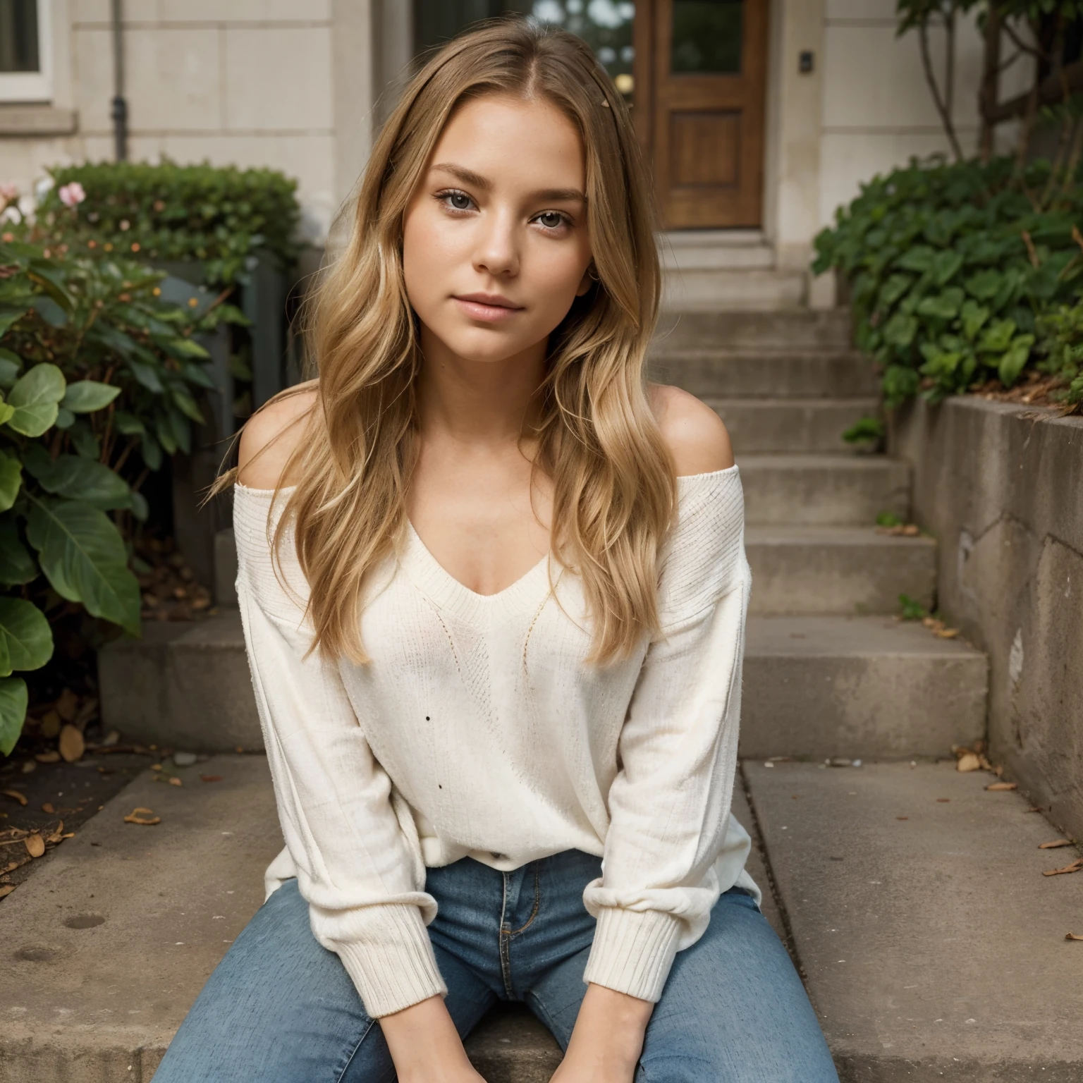 Create a strikingly realistic image of a young woman, who closely resembles the figures in the uploaded photographs, seated on a set of urban steps. Her hair is a resplendent golden blonde, falling in soft, natural waves around her shoulders, capturing the casual yet chic vibe of the setting. Her eyes, a deep and expressive blue, should reflect a sense of relaxation mixed with thoughtful observation, perhaps watching the world go by. Her skin is fair and flawlessly smooth, with a texture that's naturally highlighted by the ambient outdoor lighting. Her lips are a subtle, natural pink, complementing her serene and approachable expression. She's dressed in a casual yet stylish outfit, like a comfortable sweater and jeans or a casual dress, suitable for a laid-back urban setting. The steps she is seated on are part of a bustling city street or a quiet, charming neighborhood, providing an interesting backdrop that blends urban architecture with everyday life. The lighting should be soft and natural, enhancing her features and the textures of the steps and surroundings. Focus on accurately depicting her golden blonde hair and capturing the lifelike details of her face, especially the vibrancy of her eyes and the softness of her lips, creating a scene of urban tranquility. The image should have the quality and clarity of a high-end lifestyle magazine photograph.