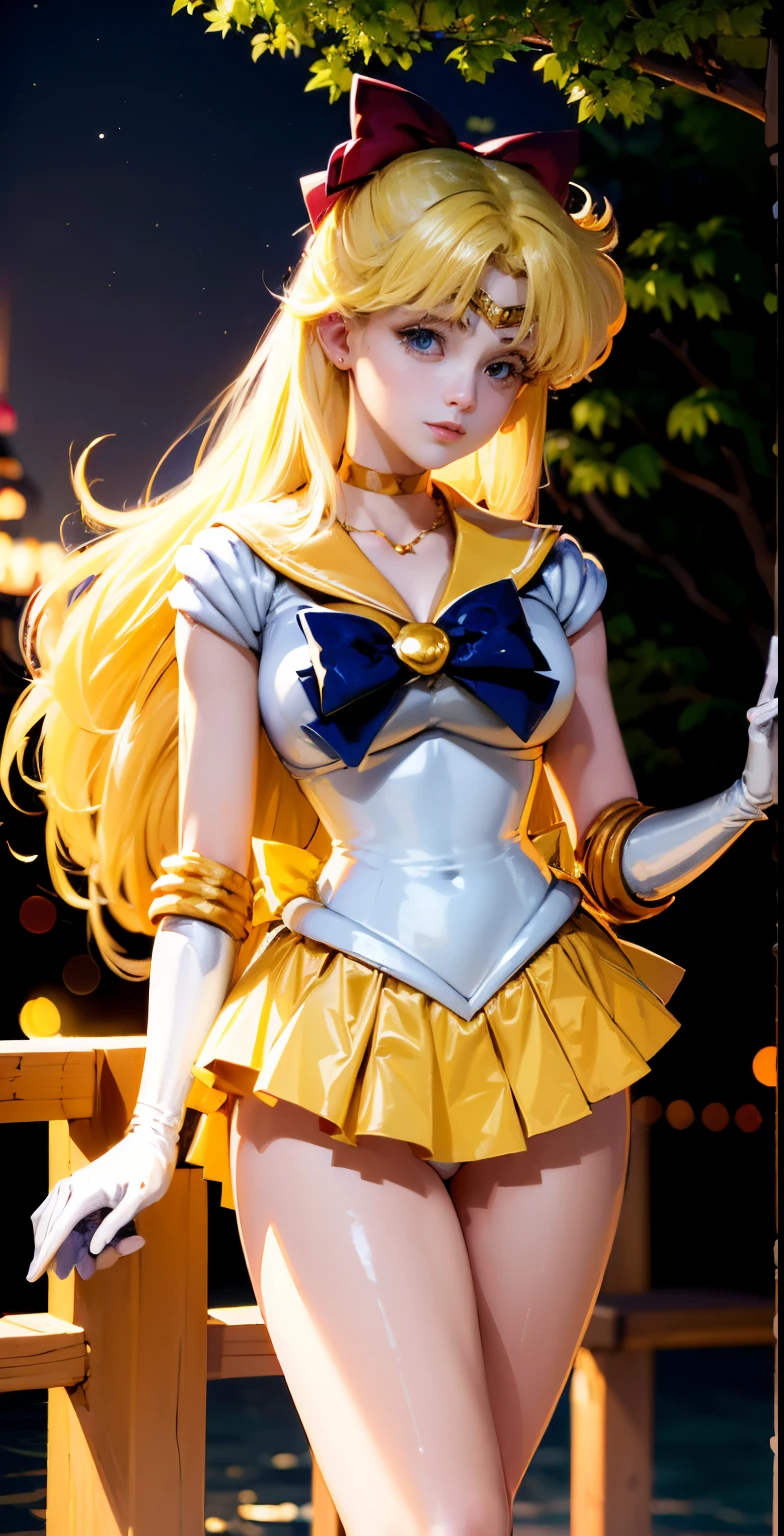 ((​masterpiece:1.4)、(top-quality:1.4)、(reallistic:1.7))、masuter piece:1.4、a beauty girl、(Sailor Moon:1.4)、Tsukino Usagi、Body Fit Sexy Sailor Senshi Uniform、(latex shiny)、(The jacket is a white sleeveless sailor suit)、(Skirt is blue sexy ultra ultra mini skirt)、The collar of the sailor suit is blue with two thin lines.、high leg swimsuit、Red cloth ornament at chest、(Wearing white gloves)、Kawaii Girl、Super beauty、foco nítido、Poolside in summer、sunflowers in the background、It's wet、I feel it、A sexy、Beautiful panties、beautiful smiling face、Portrait photos、Upper body photography:1.4、Beautiful expression、beautidful eyes、Narrow waist、(Yellow hair:1.4)、(length hair:1.2)、Raw photo、red-lips、Red high heels:1.4、a choker:1.4、a necklace:1.4、耳Nipple Ring:1.4、Luxurious golden tiara on forehead:1.4、1 screen display、Outdoor landscape