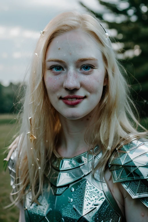 Ultra realistic photography of dbwl woman with many huge beauty marks on her natural pale white skin  ,    full body portrait, ( ((medium shot ))) ,  (SFW),  (((wearing crystal knight armor, glowing, sparkle))), upper arms,  ((in frame)),  

 ((fighting stance)),   natural (  pale light blonde eyelashes) , blue eyes, medieval background,
 detailed Natural pale white skin  with (many huge round beauty marks) , smile, light pale blonde eyebrows,
 happy, clean cheeks,
detailed, natural light blonde,  outdoors, sunny, high resolution, photograph, RAW photo, crystal4rmor, [[sexy]]