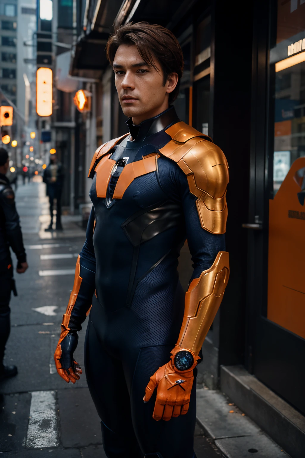 concept-art, Photorealistic, perfect head, Detailed face, Full body, metal suit, Male, Marvel-style character, Brown hair, Brown eyes, black skin, orange-navy blue tight suit, shoulder protections, blue chest and, orange gloves and boots, medallion with blue gem, futuristic asian city background, 8K, hdr, Sharp, Detailed, side view, day light, bright, outdoor