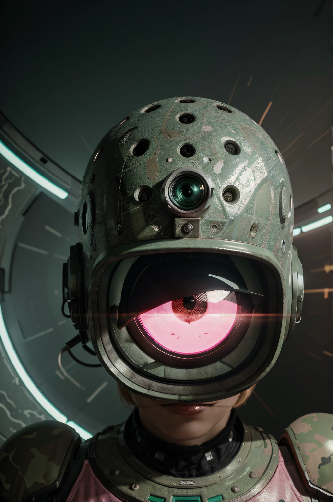 Un dibujo animado plano moderno Loco con un Big ONE, un robot con un solo ojo y un estilo de casco., Pinzas en las manos, Cabeza de TV, cabeza de alfiler, camuflaje rosa verde claro oxidado, Atmosphere in the crater of a super-detailed meteorite, centro, Beautiful, Soft lighting, Centrado en el personaje, 4k-resolution, Photorealistic rendering,