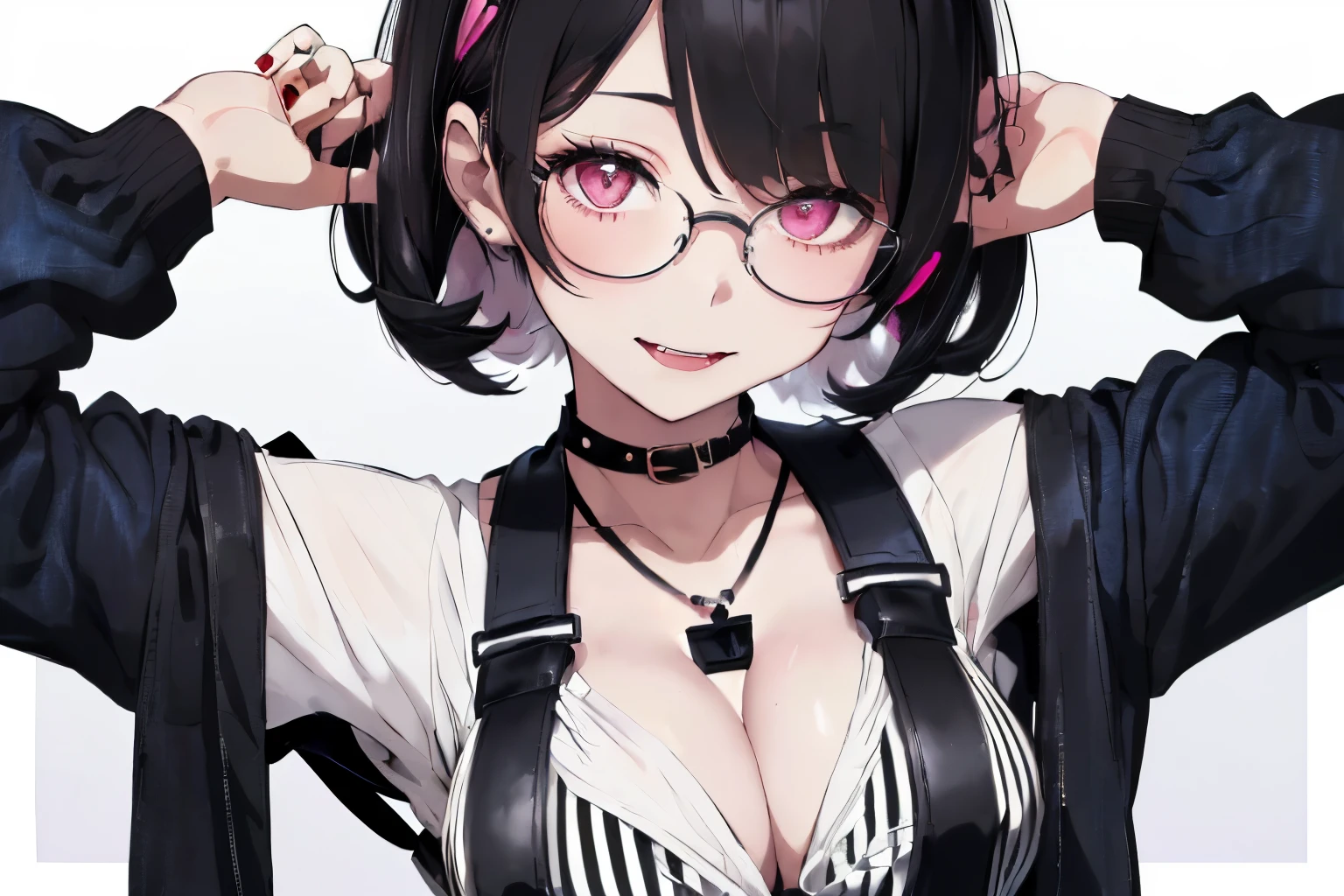 ((Black hair)),(((Curled Shorthair))),((pale pink eyes)),(bishop sleeve long sleeve clothing),(((Long-sleeved top with all-over white and black stripes))),(red belt band),(((Long skirt made of soft denim material))),((Feeling of fatigue and weakness)),((Perspective from above)),Slight red tide,(Vampires),((long fangs)),(Kamimei),(((close up of face))),((NSFW)),((Cleavage that looks modest)),((Wearing glasses)),(Full moon night sky),Smile on his face,(((harness belt all over the body))),((♀mark necklace)),