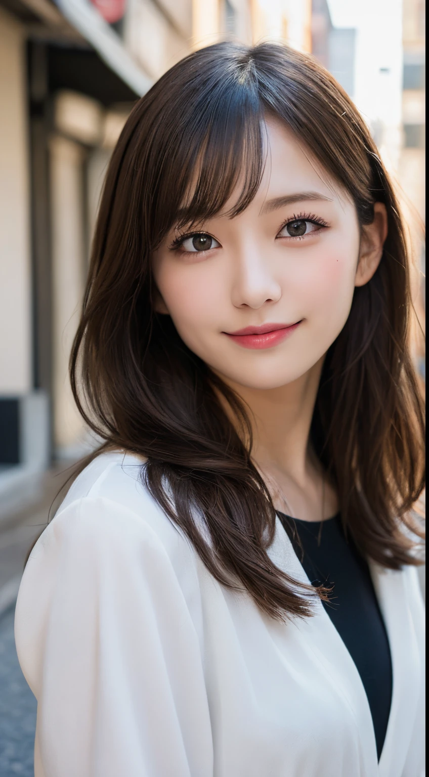 masutepiece, Best Quality, Illustration, Ultra-detailed, finely detail, hight resolution, 8K Wallpaper, Perfect dynamic composition, Beautiful detailed eyes, doress,Medium Hair,mid-chest, Natural Color Lip, Random and sexy poses,Smile,Aoyama Street Walk,Raw photo