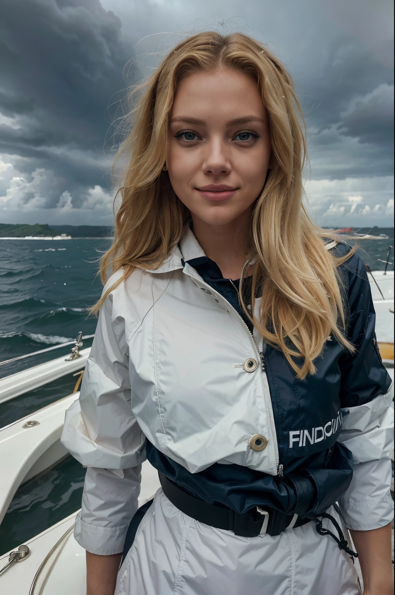 Annie Leonhart wears a white hoodie and stands on a ship, looking out to sea