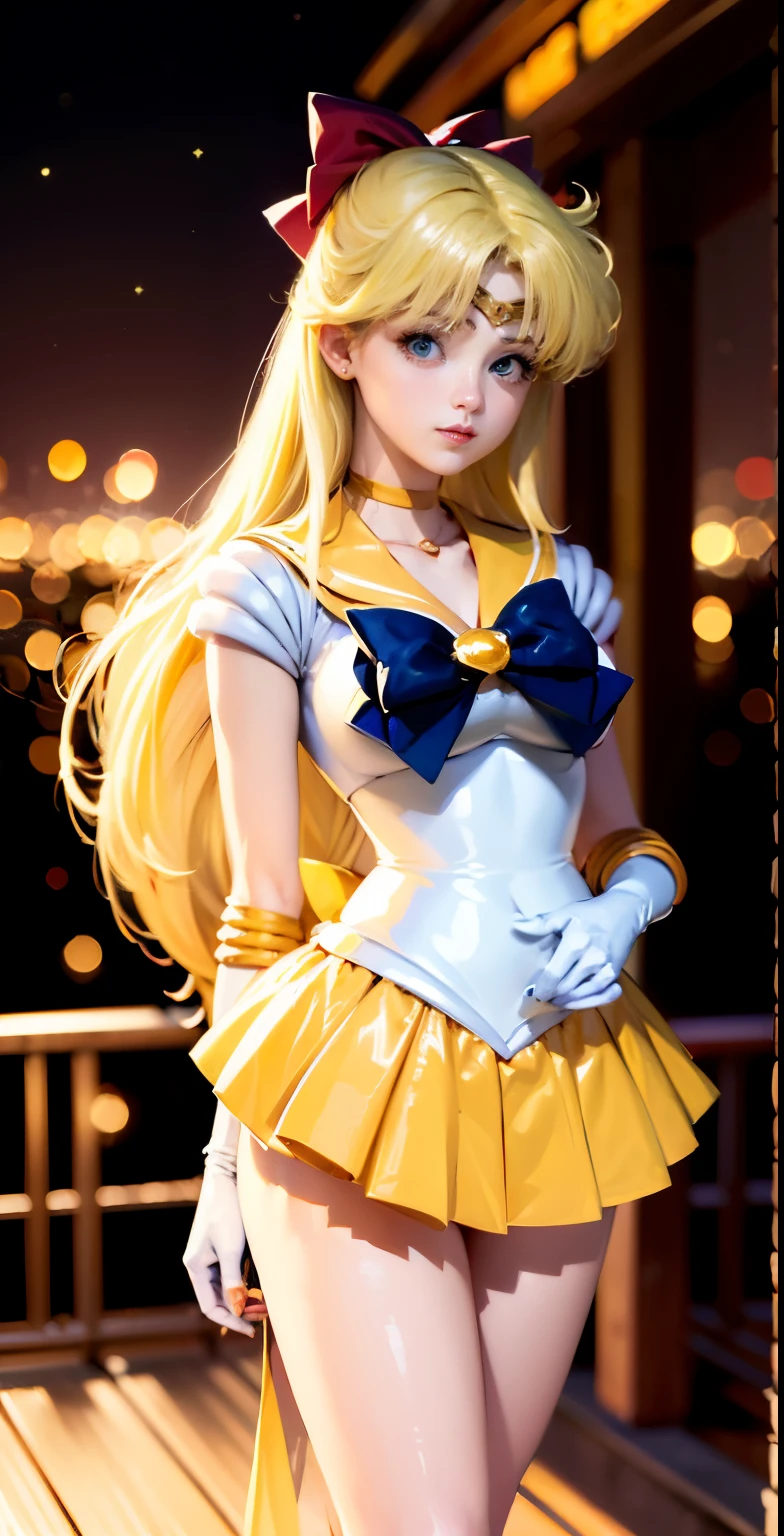 ((masterpiece:1.4)、(top-quality:1.4)、(reallistic:1.7))、masuter piece:1.4、a beauty girl、(Sailor Moon:1.4)、Tsukino Usagi、Body Fit Sexy Sailor Senshi Uniform、(latex shiny)、(The jacket is a white sleeveless sailor suit)、(Skirt is blue sexy ultra ultra mini skirt)、The collar of the sailor suit is blue with two thin lines.、high leg swimsuit、Red cloth ornament at chest、(Wearing white gloves)、Kawaii Girl、Super beauty、foco nítido、Poolside in summer、sunflowers in the background、It's wet、I feel it、A sexy、Beautiful panties、beautiful smiling face、Portrait photos、Upper body photography:1.4、Beautiful expression、beautidful eyes、Narrow waist、(Yellow hair:1.4)、(length hair:1.2)、Raw photo、red-lips、Red high heels:1.4、a choker:1.4、a necklace:1.4、耳Nipple Ring:1.4、Luxurious golden tiara on forehead:1.4、1 screen display、Outdoor landscape