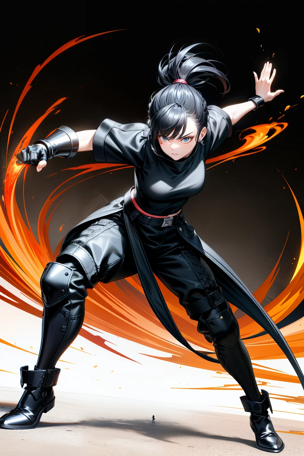 Teenage girl , hair up like a rooster, Wearing black clothes, fighting stance, full body, Black hair