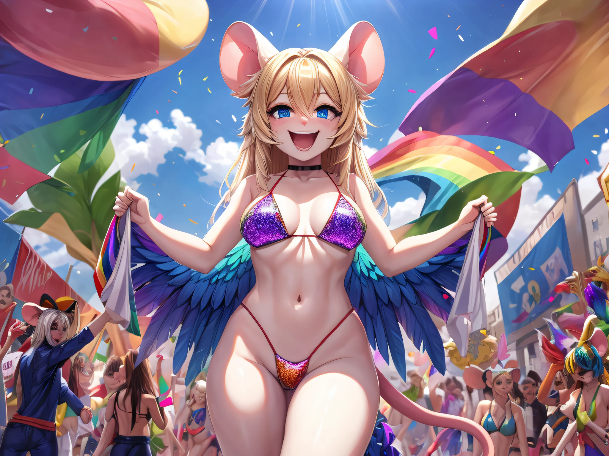 (Masterpiece) (High Detail) (High Res) A short blonde humanoid girl with pale skin and long blonde hair and blue eyes and fluffy mouse ears and a long thin mouse tail and average breasts is standing on a parade float in the middle of Carnival wearing a rainbow sequin bikini with lots of rainbow flags and rainbow confetti. She has a rainbow headdress on made of rainbow feathers. She looks happy.