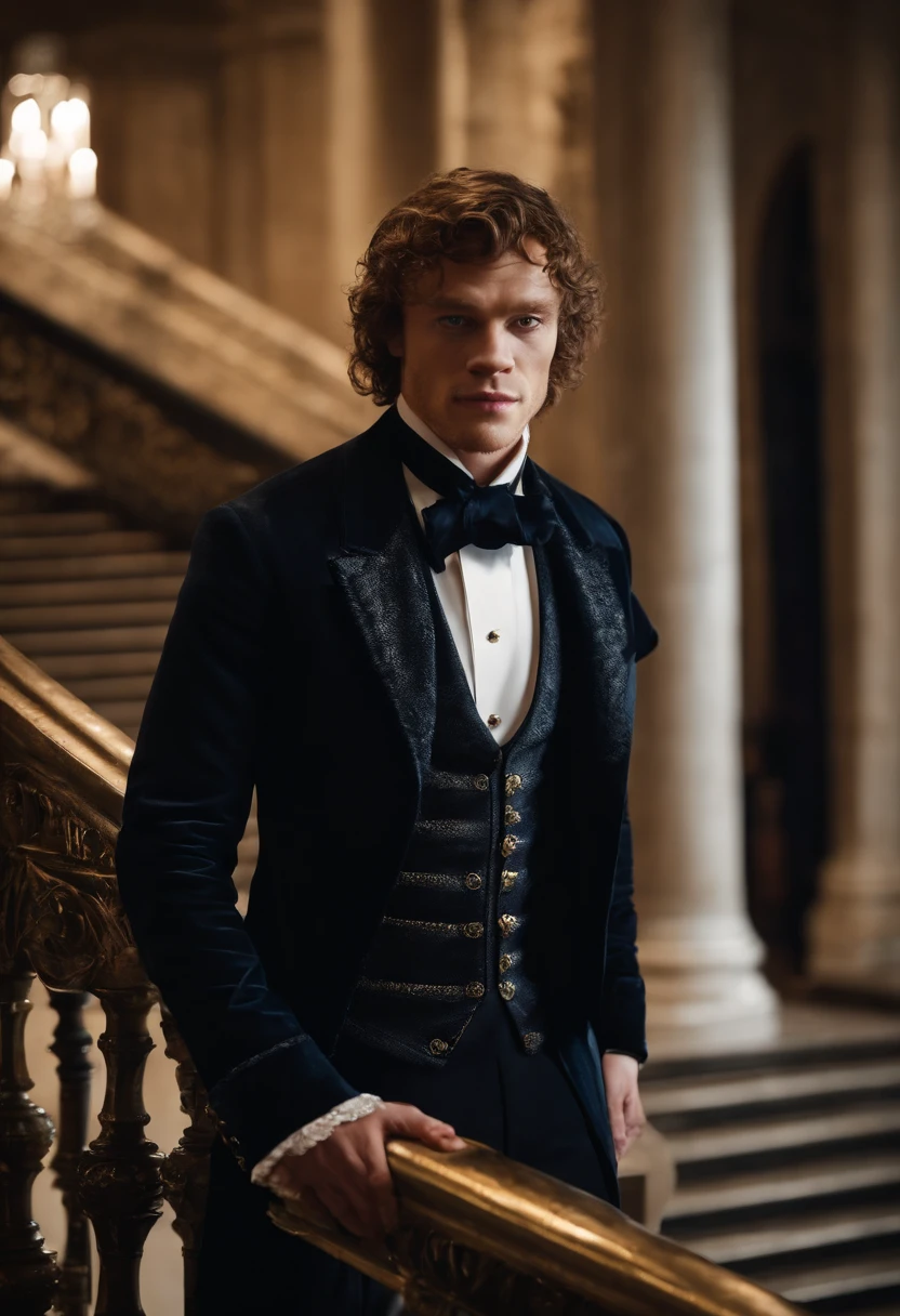 A photo of Theon leaning against the balustrade of a grand staircase, exchanging flirtatious banter with a group of elegantly dressed ladies.,Game of Thrones TV series,Theon has curly brown hair and a very short neatly trimmed beard, stormy blue eyes, and wears black with gold accents. Famously portrayed by Alfie Allen, male