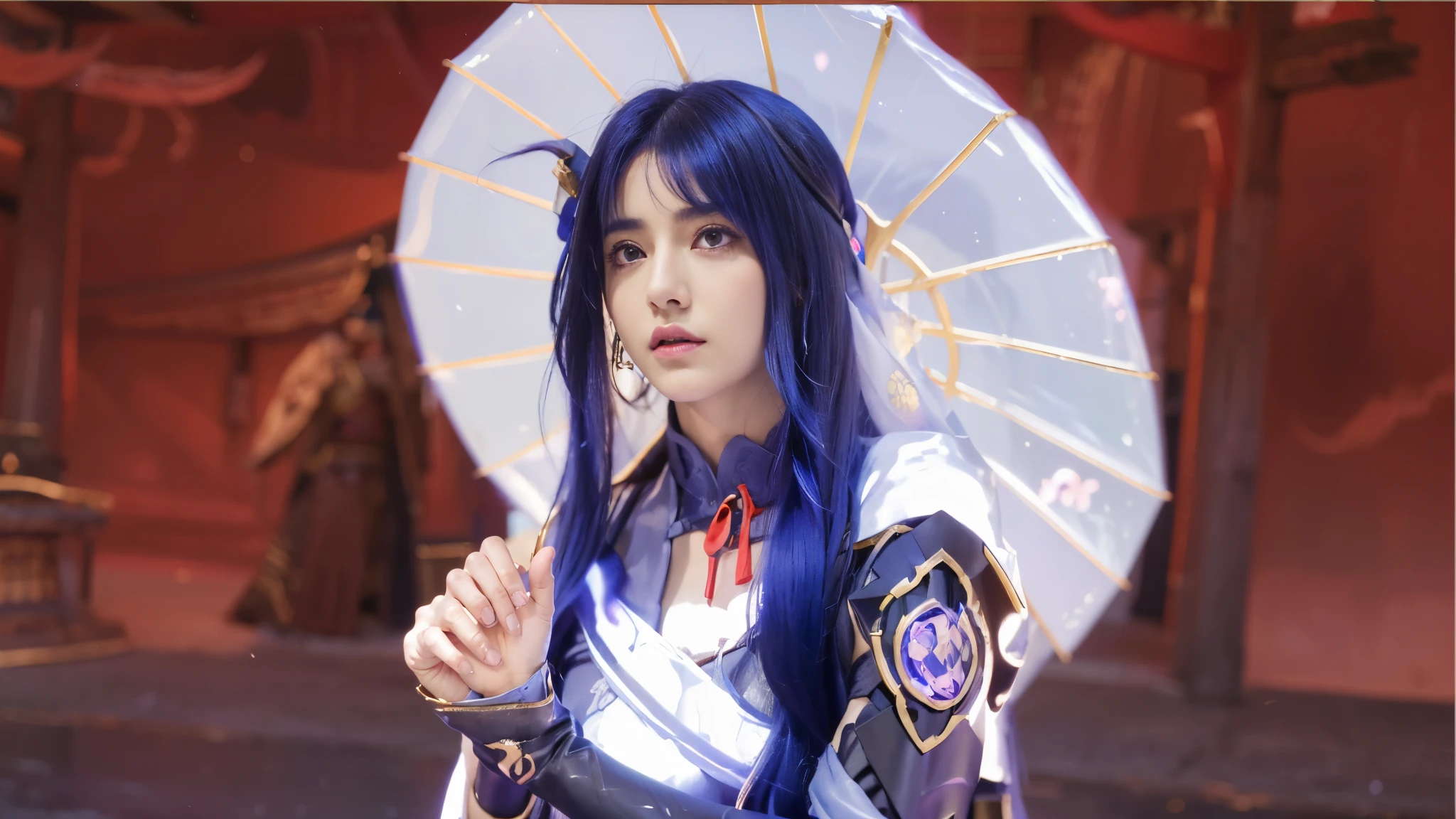 ((Raiden Shogun_Genshin impact)),((realistic, photorealistic)),(highlight hair)), Light reflection, (( HD )), navel, detached sleeves,((upper body)), (((best quality, masterpiece))), arafed image of a woman with blue hair holding a crystal ball, Raiden Shogun from genshin impact, maya ali as a lightning mage, Raiden Shogun from genshin impact, closeup portrait of an mage, black - haired mage, maya ali as a d&d sorcerer, an arcane wizard casting a spell, mage, beautiful celestial mage,Reflection of light in hair, background of Red Japanese temple, holding a Japanese umbrella,