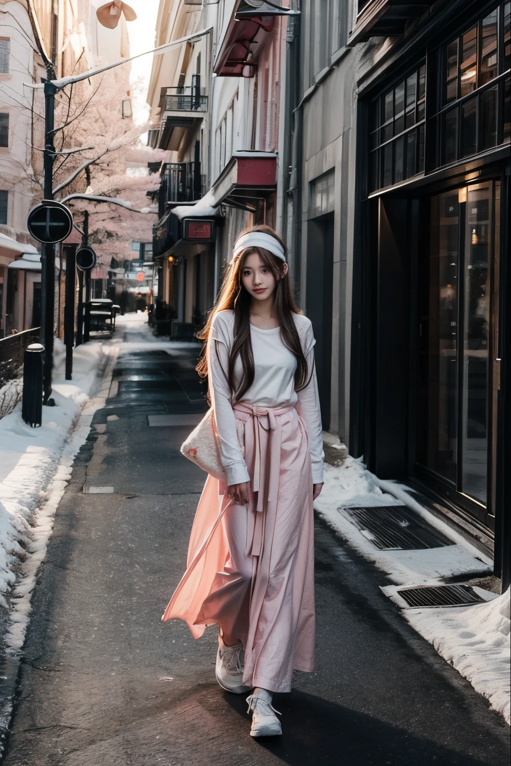 1 girl , half body shot, long hair, light pink shirt, white long skirt , christmas, snowing, street view, sunlight.