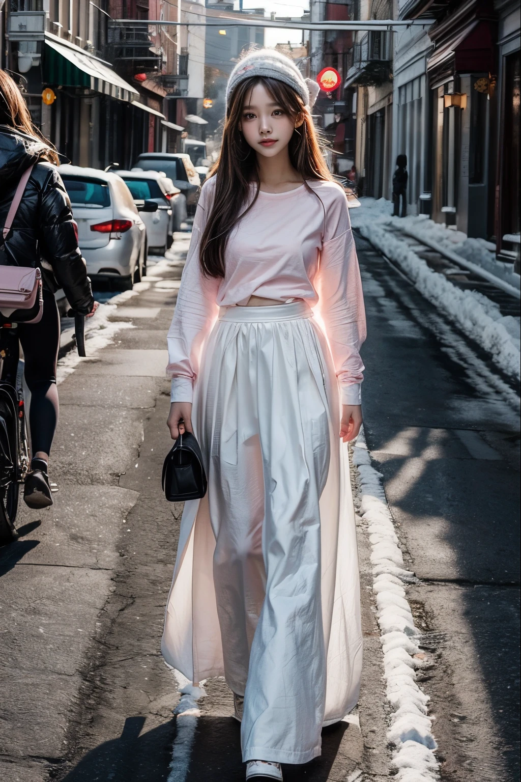 1 girl , half body shot, long hair, light pink shirt, white long skirt , christmas, snowing, street view, sunlight.