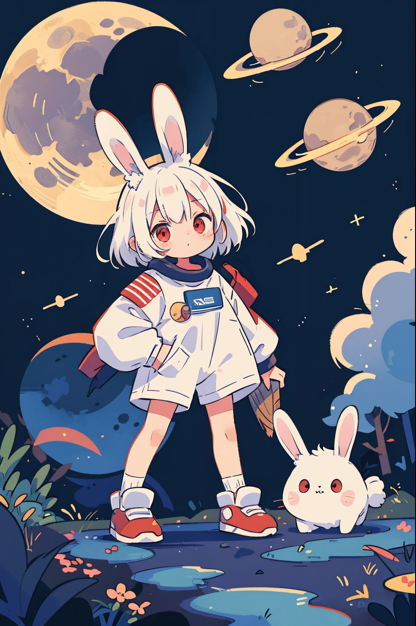 illustration, Background of outer space, Standing on the moon, Rabbit flag planted on the moon, Red eyes, White hair, rabbit ears
