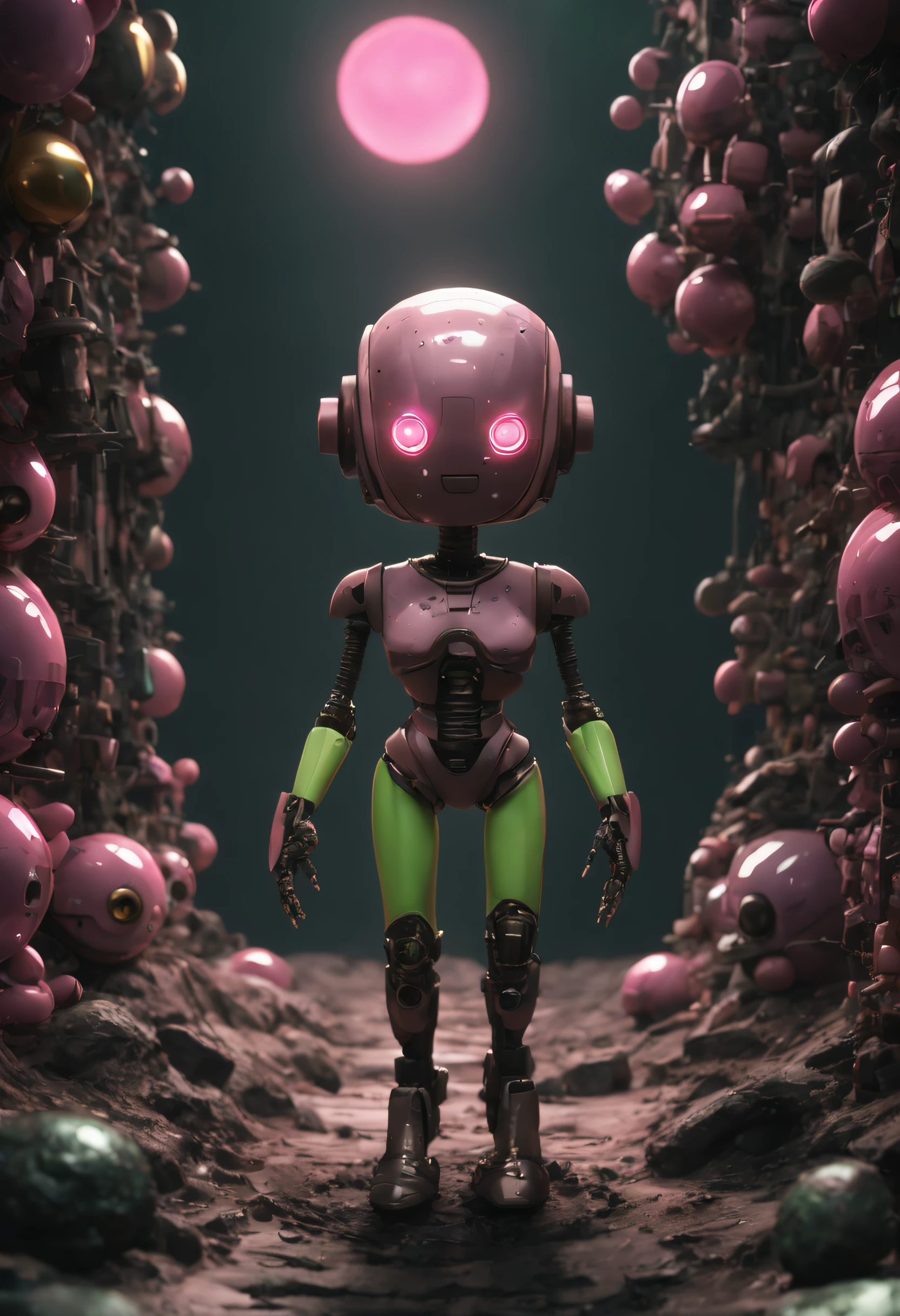 Un dibujo animado plano moderno Loco con un Big ONE, un robot con un solo ojo y un estilo de casco., como Christina Ricci en ROSA y Desnuda, Pinzas en las manos, Cabeza de TV, cabeza de alfiler, camuflaje rosa verde claro oxidado, Atmosphere in the crater of a super-detailed meteorite, centro, Beautiful, Soft lighting, Centrado en el personaje, 4k-resolution, Photorealistic rendering,